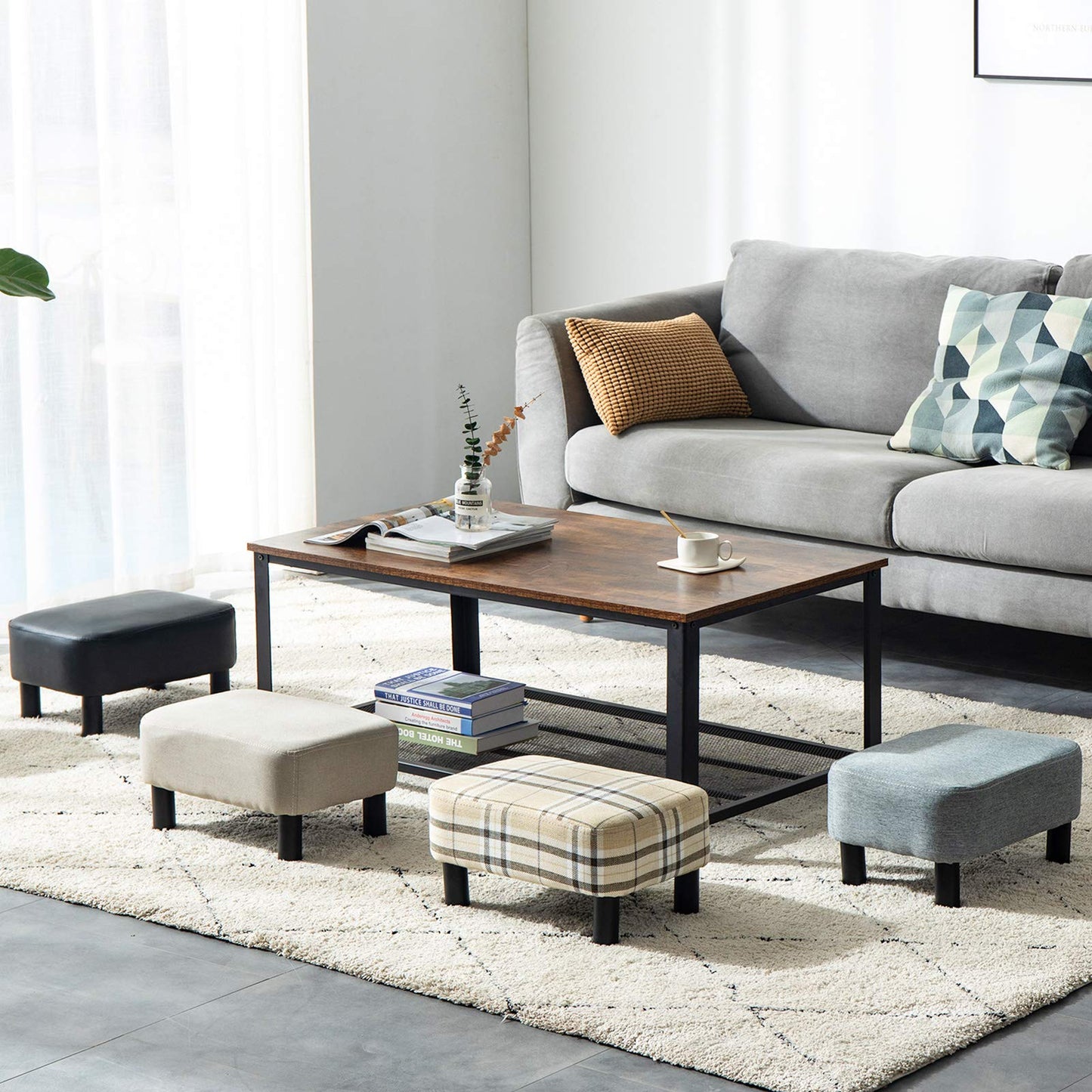 IBUYKE 16.54" Small Footstool, Linen Fabric Pouf, with Padded Seat Pine Wood Legs and Padded Rectangular Stool, for Bedroom, Stripe RF-BD215