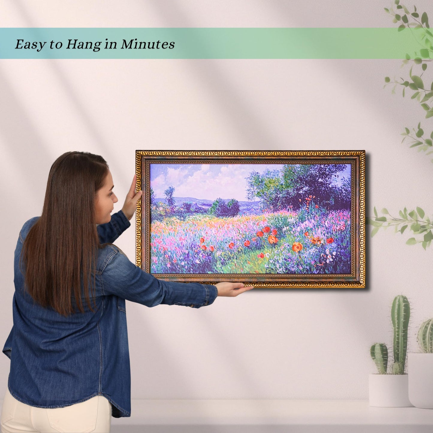 TAKORO Hand-Painted Textured Wildflower Field Canvas Art with Eco-Friendly Frame, Claude Monet Style Wall Decor OD Size 27"x16.75"