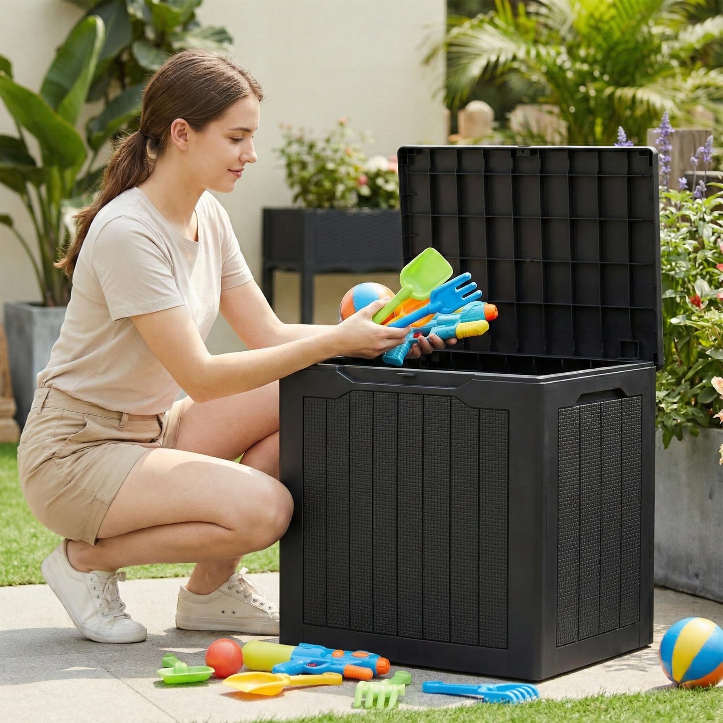 UDPATIO 30 Gallon Deck Box, Outdoor Storage Box Lockable Waterproof Resin, Indoor Outdoor Storage Container for Patio Cushions, Garden Tools, Pool Accessories, Package Delivery Boxes for outside