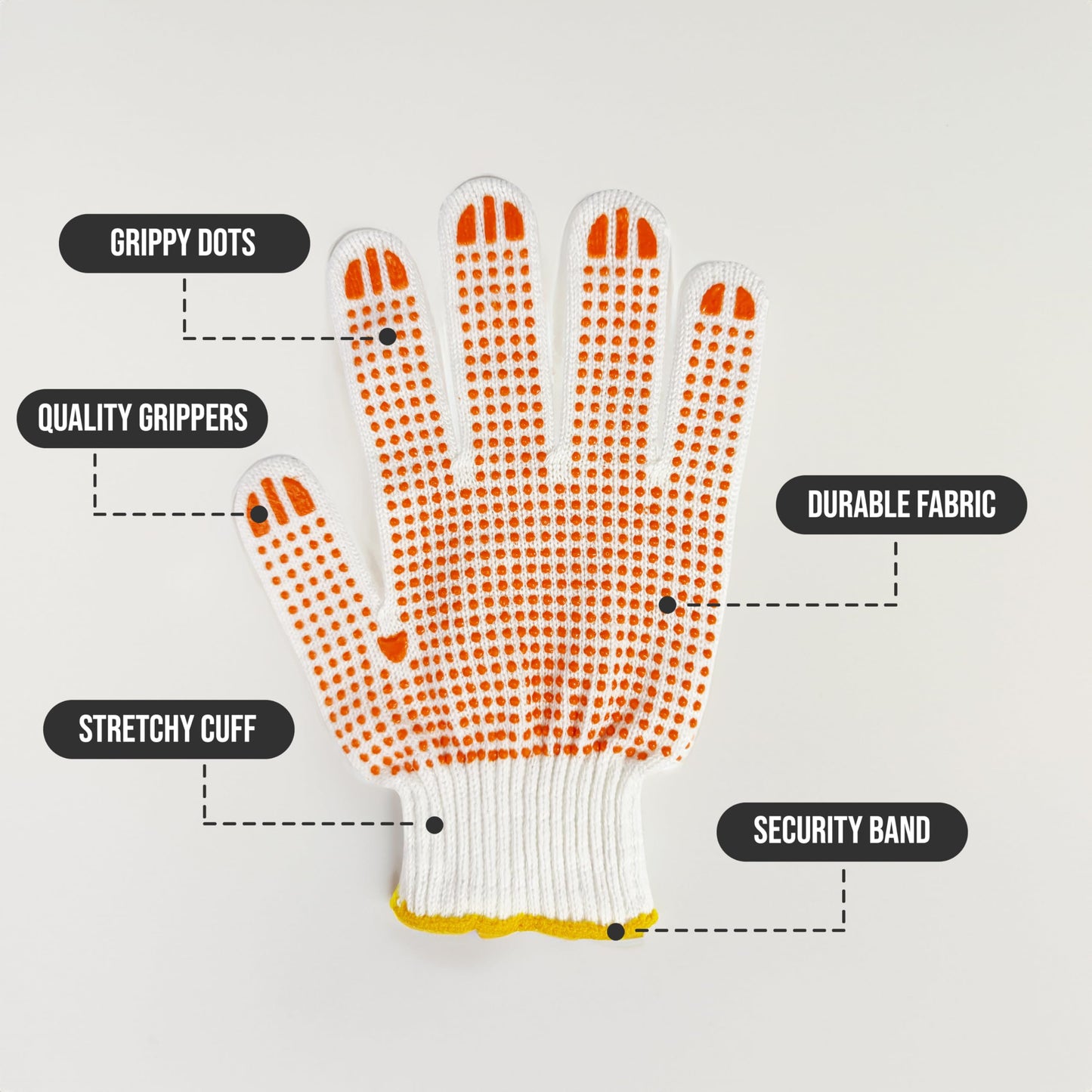 Winterlace 48 Pairs Cotton Grip Work Gloves Bulk Safety Protection Non-Slip PVC Rubber Dots Garage Construction Warehouse Wholesale (48 Pairs - Orange Dots)