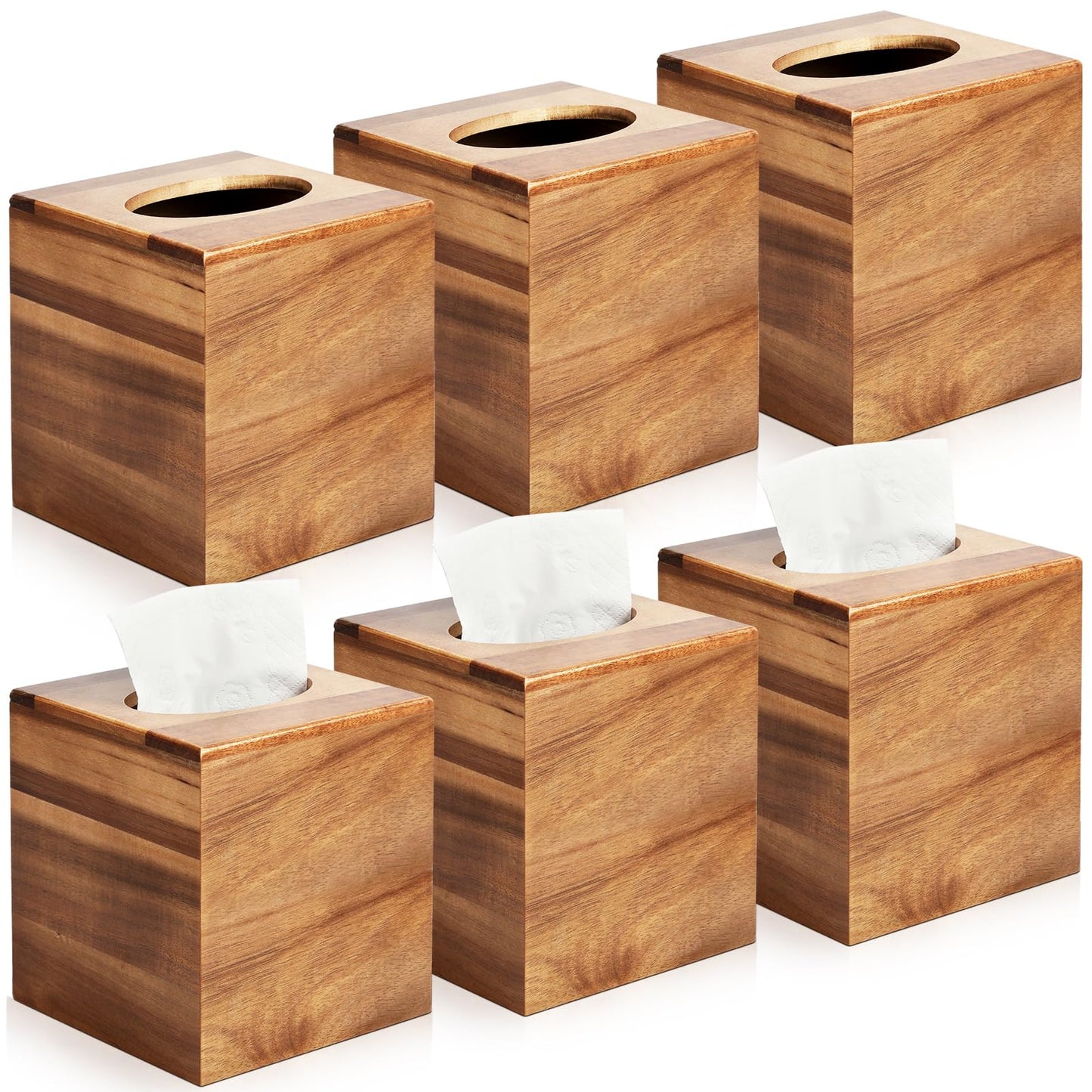 Wooden Tissue Box Cover 6 Pack - Acacia Wood Tissue Box Holder for Bathroom, Office & Farmhouse Decor, Decorative Square Covers for Tabletop Stands