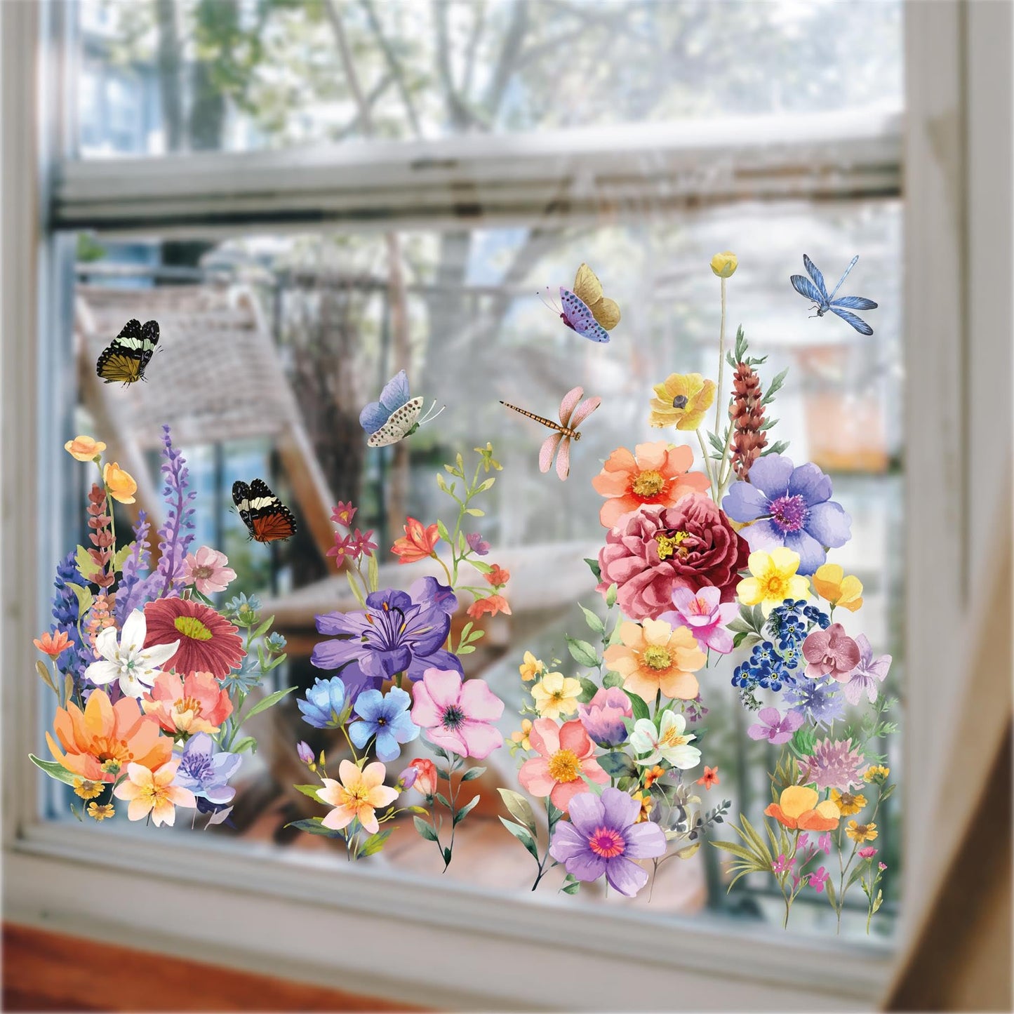 WALPLUS Spring Window Clings Spring Decorations Flower Window Clings Reusable Removable for Glass Windows Living Room Nursery Room Home Colourful Flowers with Dragonflies and Butterflies 44 Pieces