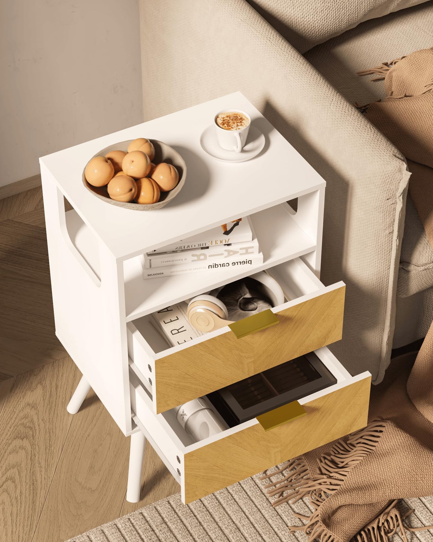 Veegle Solid Wood Nightstand with 2 Storage Drawer and Open Wood Shelf, End Table, Bedside Table with Herringbone Pattern for Rustic Bedroom, Easy Assembly, Rustic Golden Brown and White