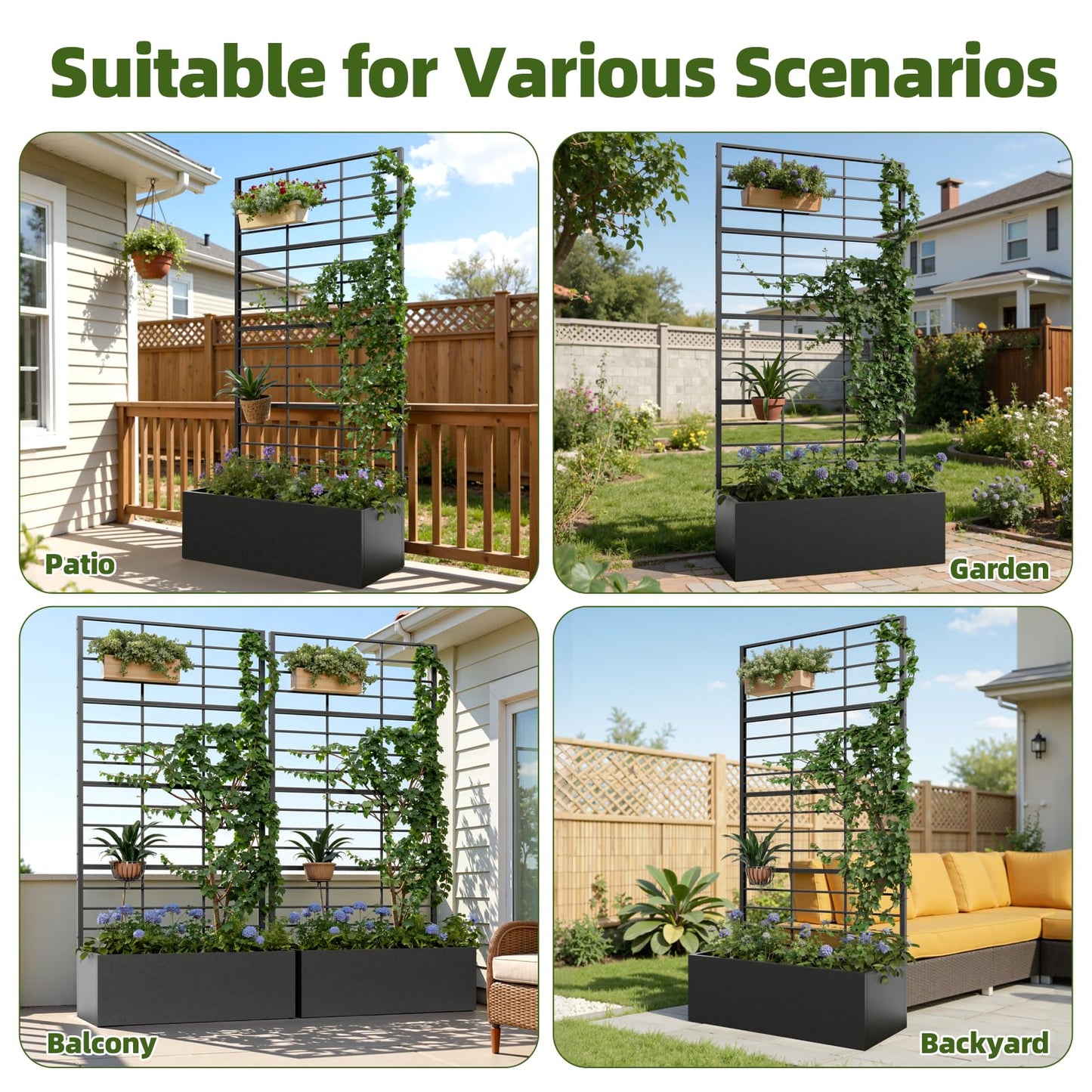 Trygoal Metal Planter Box with Trellis, 35" Lx15.7 Wx70.8 H Metal Raised Garden Bed with Trellis and Drainage Holes, Outdoor Standing Flower Bed for Climbing Plants,Vegetables,Vines, 2PCS
