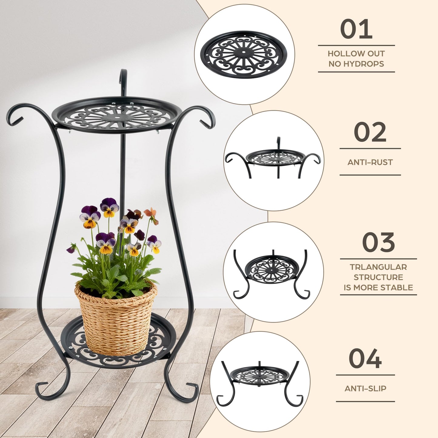 WECHARM HOME 2-Tier Heavy Duty Metal Plant Stand | Round Indoor Outdoor Potted Plant Holder, Black Corner Display Shelf