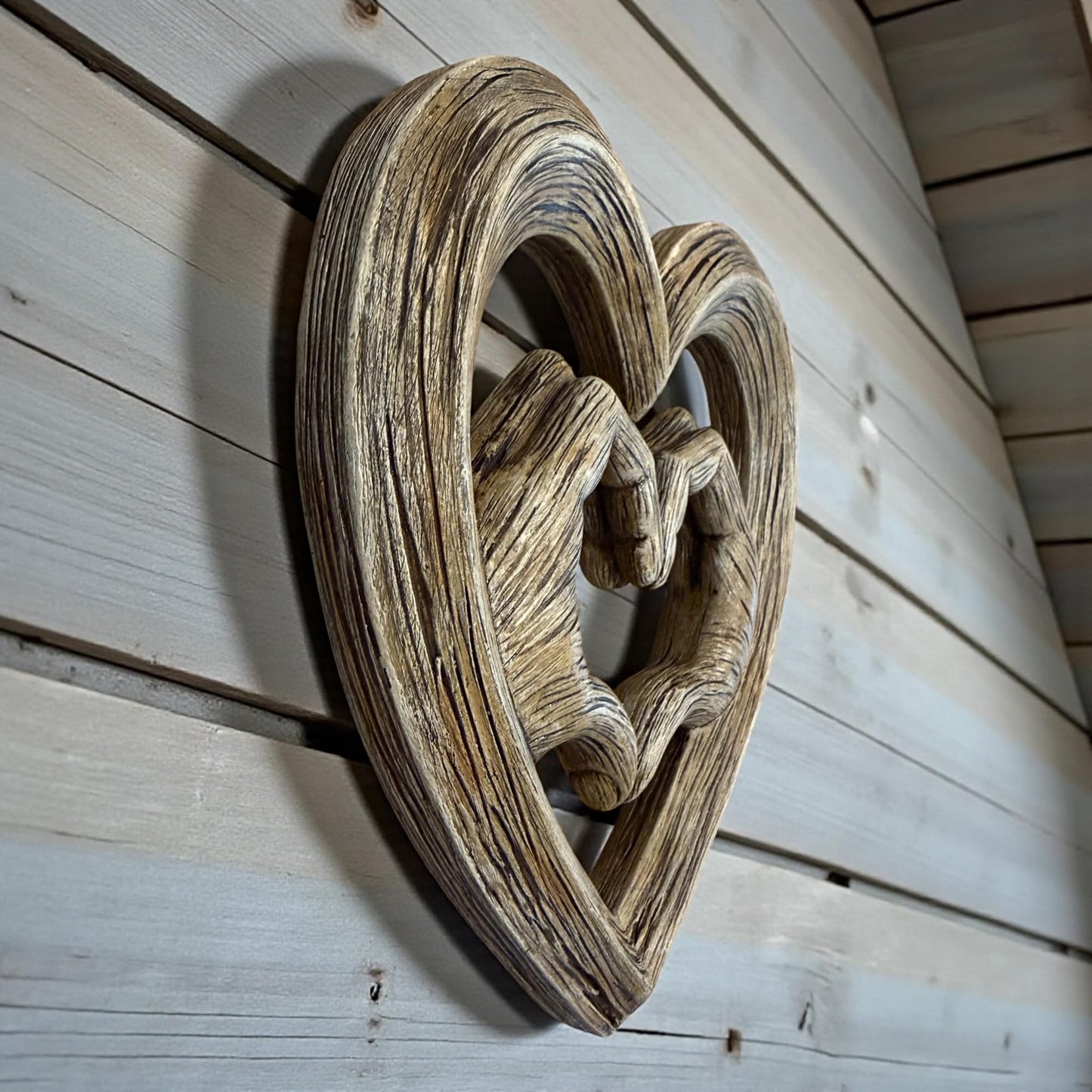 Top Brass Heart Hands Wall Decor – Romantic Resin Heart Sculpture, 8 1/8" x 8 1/8” – Symbolic Love Wall Art with Sawtooth Hanger – Wood Grain, Matte Black, Rustic Bronze, Antique Silver Finish (Wood Grain)