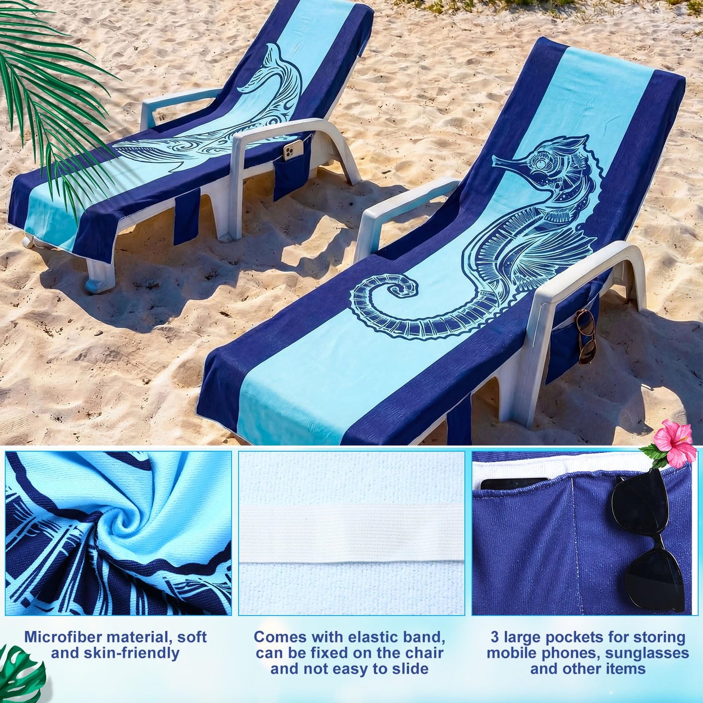 Hillsuren 2 Pcs Pool Lounge Chair Towel Cover with 3 Pockets, 85 x 30 Inch Beach Pool Chair Towels Microfiber Chaise Lounge Covers for Outdoor Summer Sunbathing Beach Garden Lounger(Haima Whale)