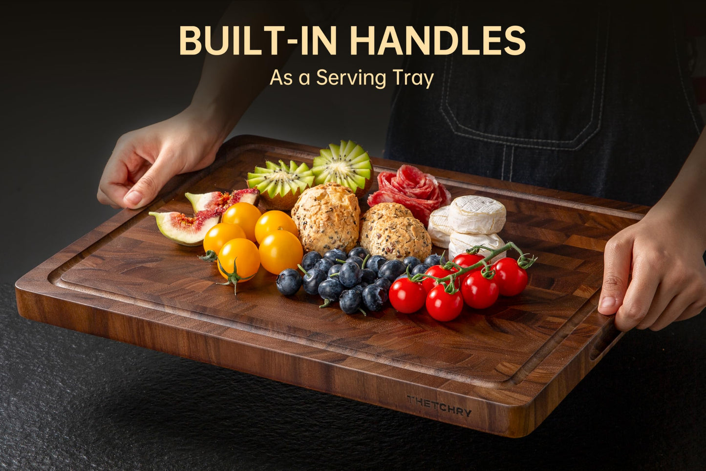 THETCHRY Walnut Cutting Boards for Kitchen, End Grain Wooden Cutting Board, Large Chopping Board Double Sided with Handle, Thick Butcher Block Charcuterie Meal Prep & Serving with Gift Box, 17"×13"×1"