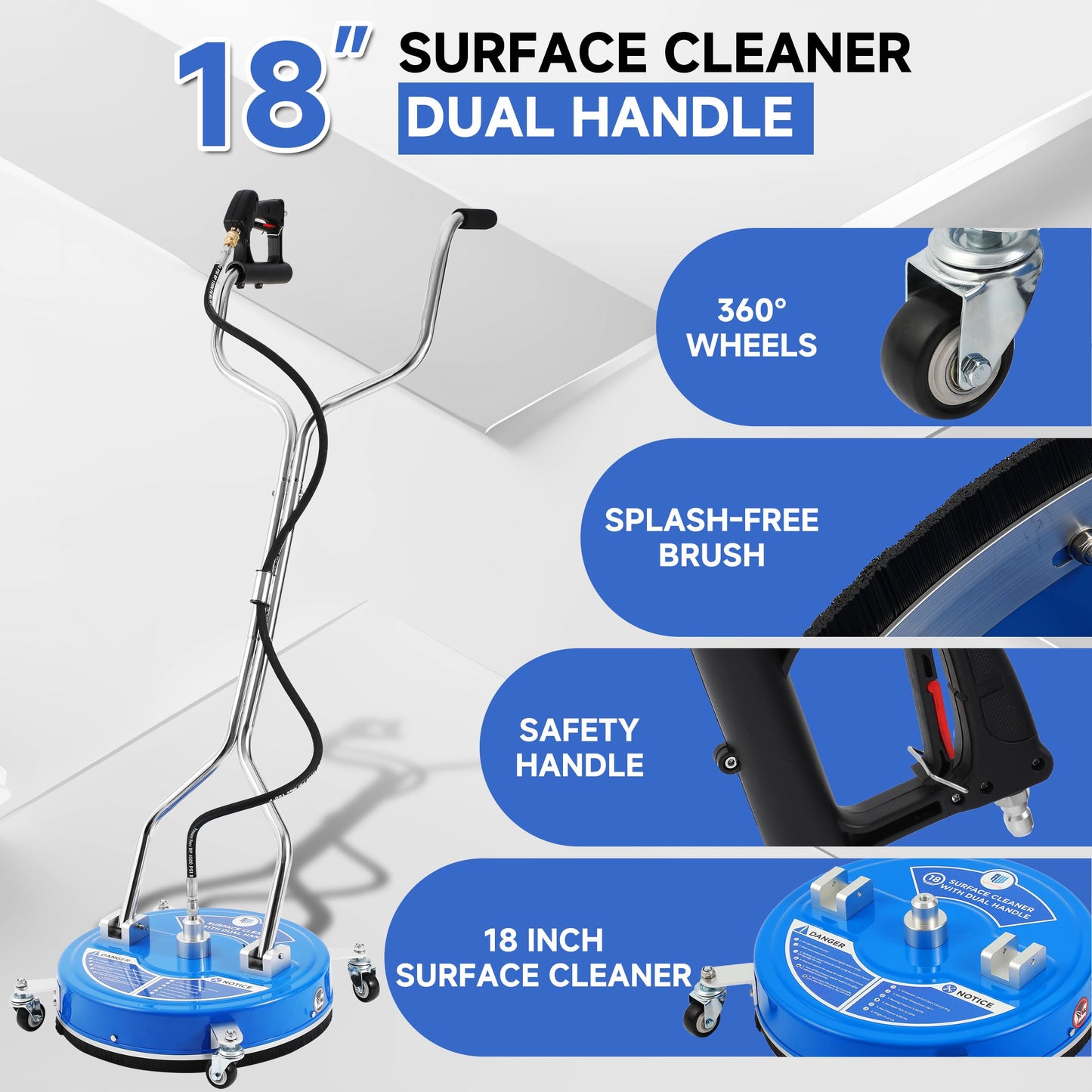 RIDGE WASHER 18’’ Pressure Washer Surface Cleaner, Surface Cleaner with Dual Handle, 4500 PSI Power Washer Surface Cleaners with Wheels for Cleaning Driveways, Sidewalks, Patios
