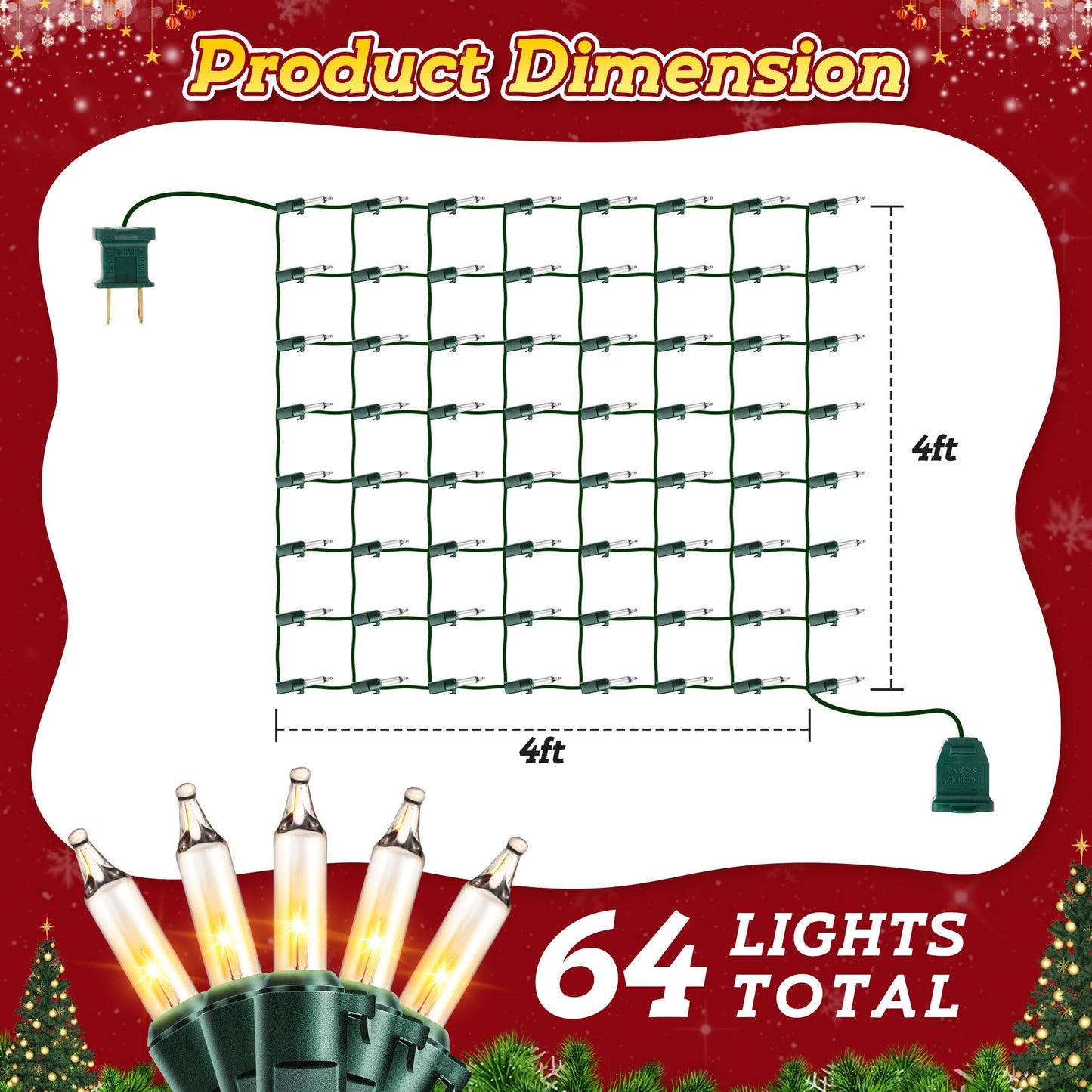 ElectricWise 6 Pack Net Christmas Lights Outdoor 4 x 4 Ft, Clear Mesh Christmas Mini Incandescent Net Lights with End to End Plug for Bushes, Hedges, Tree, Warm White, Green Wire