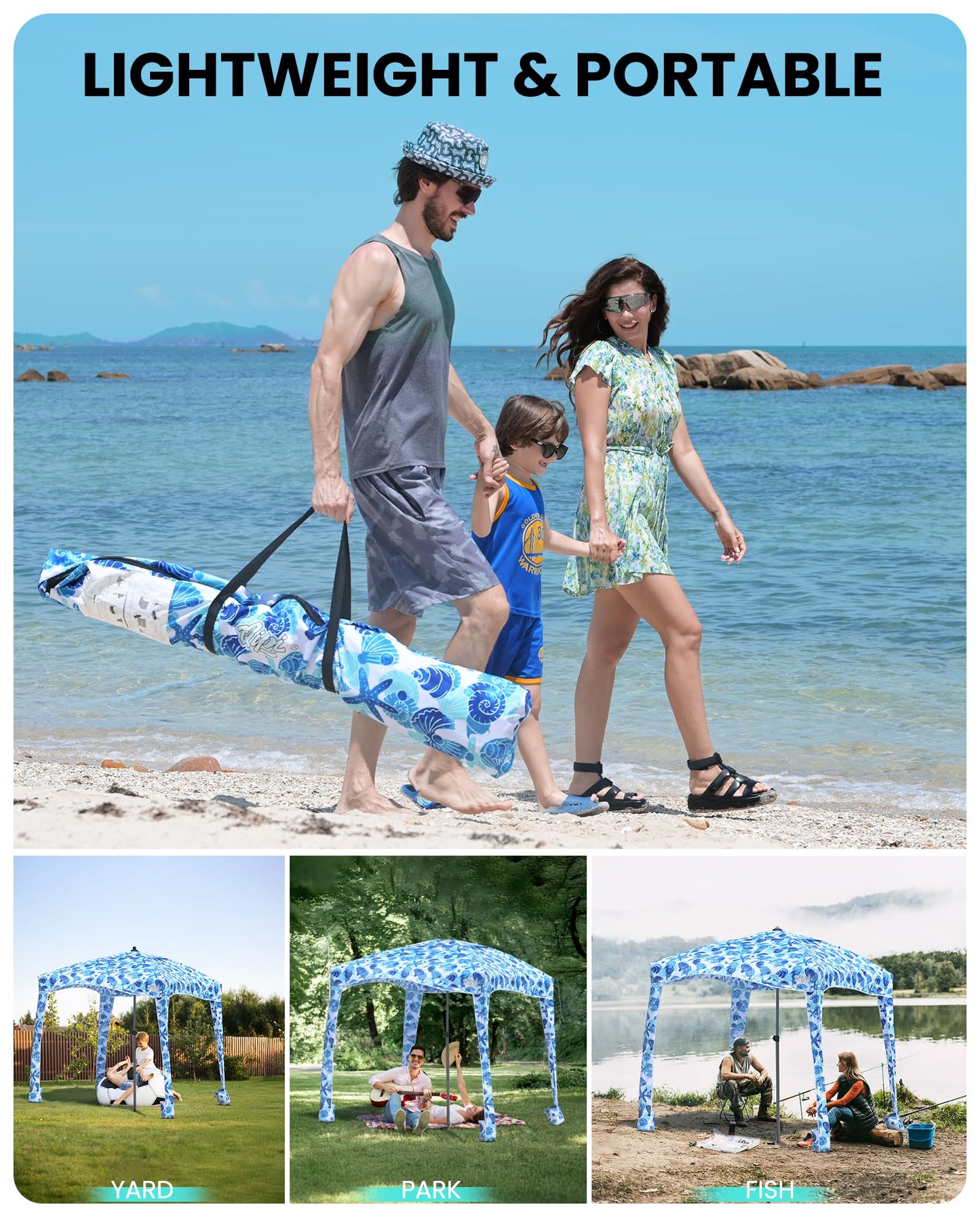 Qipi Beach Cabanas for Sand, Beach Canopy with Sandbags & Side Wall for Family, Easy Set Up Sun Shelter, UPF 50+ UV Protection with Roof Vent 6' x 6' A-Sea Life
