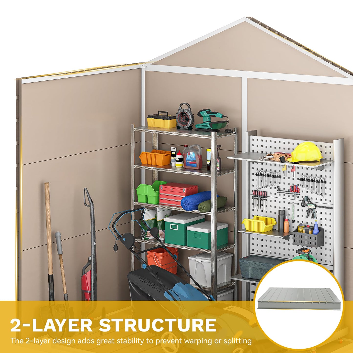 DWVO 6x4.4 FT Outdoor Storage Shed, Plastic Garden Tool Shed with 2 Windows, Double-Wall Outside Shed for Lawn Mower, Garden Tool for Backyard, Patio, Lockable, Beige