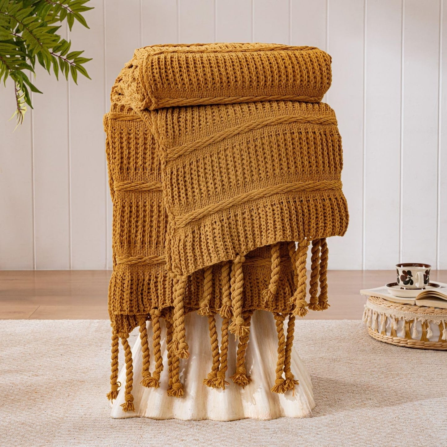 Boho Knitted Chenille Blanket with Tassels - Lightweight & Soft All-Season Throw - 3D Classic Pattern for Living Room Bedroom Couch, Amber Brown, Throw 50"x60"