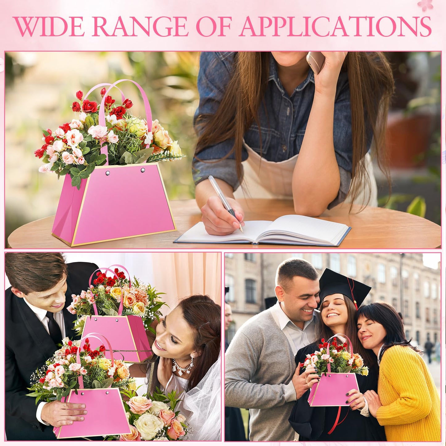 Noveread 24 Pcs Mother's Day Floral Gift Bags Bulk Portable Flower Bouquet Wrapping Paper Bag with Handle Waterproof Florist Wrap Centerpiece Box for Women Anniversary Wedding Birthday(Hot Pink)