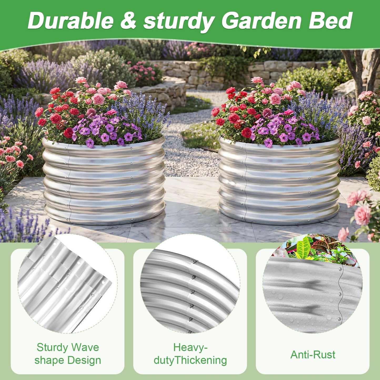 AHEONLAR 2 Pack 2x2x1.5ft Round Galvanized Raised Garden Bed Outdoor Metal Planter Box for Vegetables Steel Raised Beds for Gardening Silver