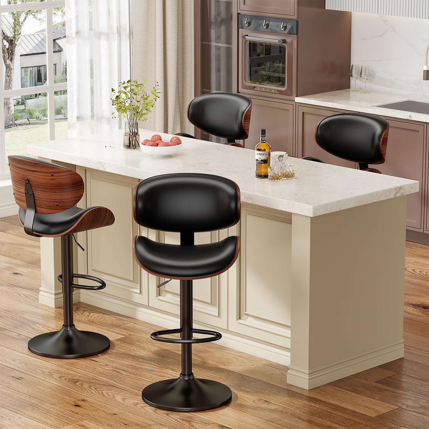 YaFiti Swivel Bar Stools Set of 2 for Kitchen Counter, Adjustable Bentwood Barstools, Modern PU Leather Upholstered Bar Chair with Back and Footrest, for Bar, Kitchen, Dining Room, Black
