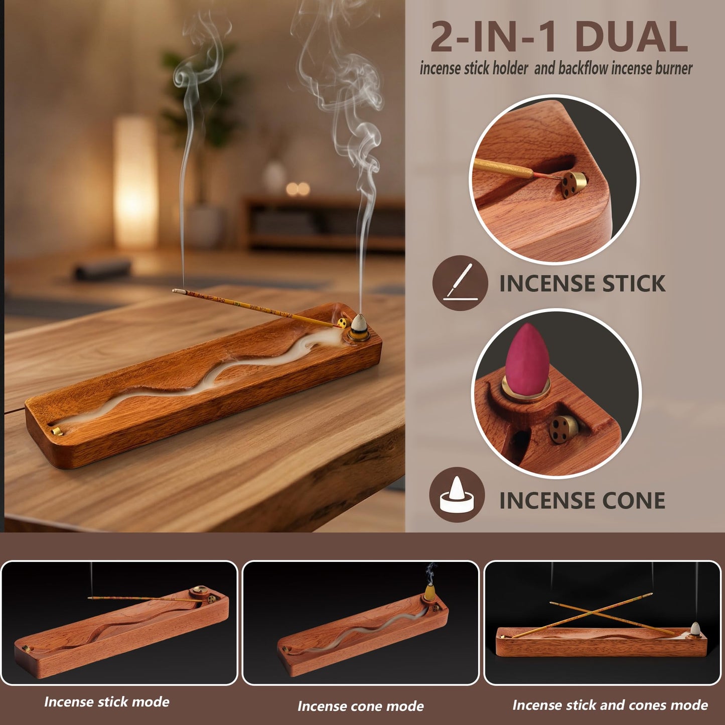 Zeckzoin 2 in 1 Wooden Incense Holder Sticks with Backflow Incense Cone Burner,Multi-Hole Fits All Thicknesses Sticks,for Meditation Yoga Home Gift