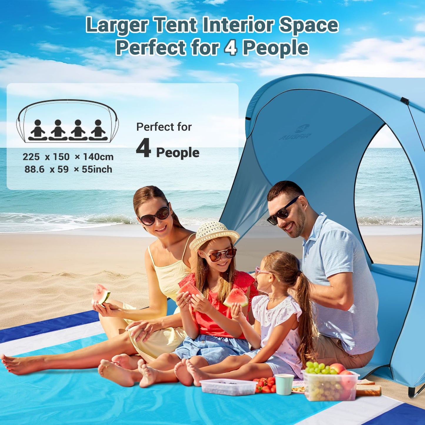 AugFir Beach Tent Sun Shelter, Beach Tent with Beach Mat Set, 4 Person Portable Beach Shade Canopy with UPF 50＋ UV Protection, Dual-Door Ventilation Design, Easy Setup Family Beach Umbrella (Blue)