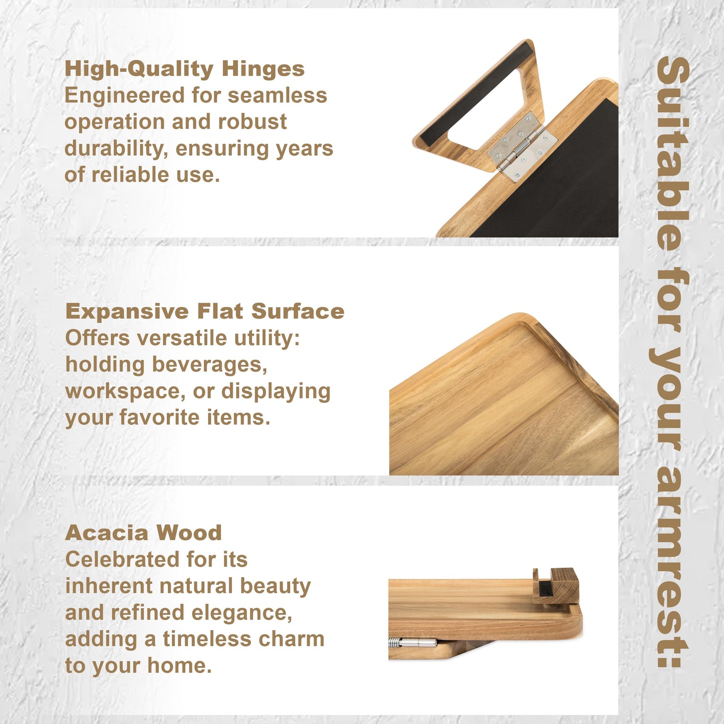 VICTORY RELAX Acacia Wood Arm Table (15.35" D x 9.8" W x 5.7" H), Couch Arm Tray for TV Dinners, Remote, Foldable Armrest Organizer, Rectangular Sofa Armrest Tray - Light Natural