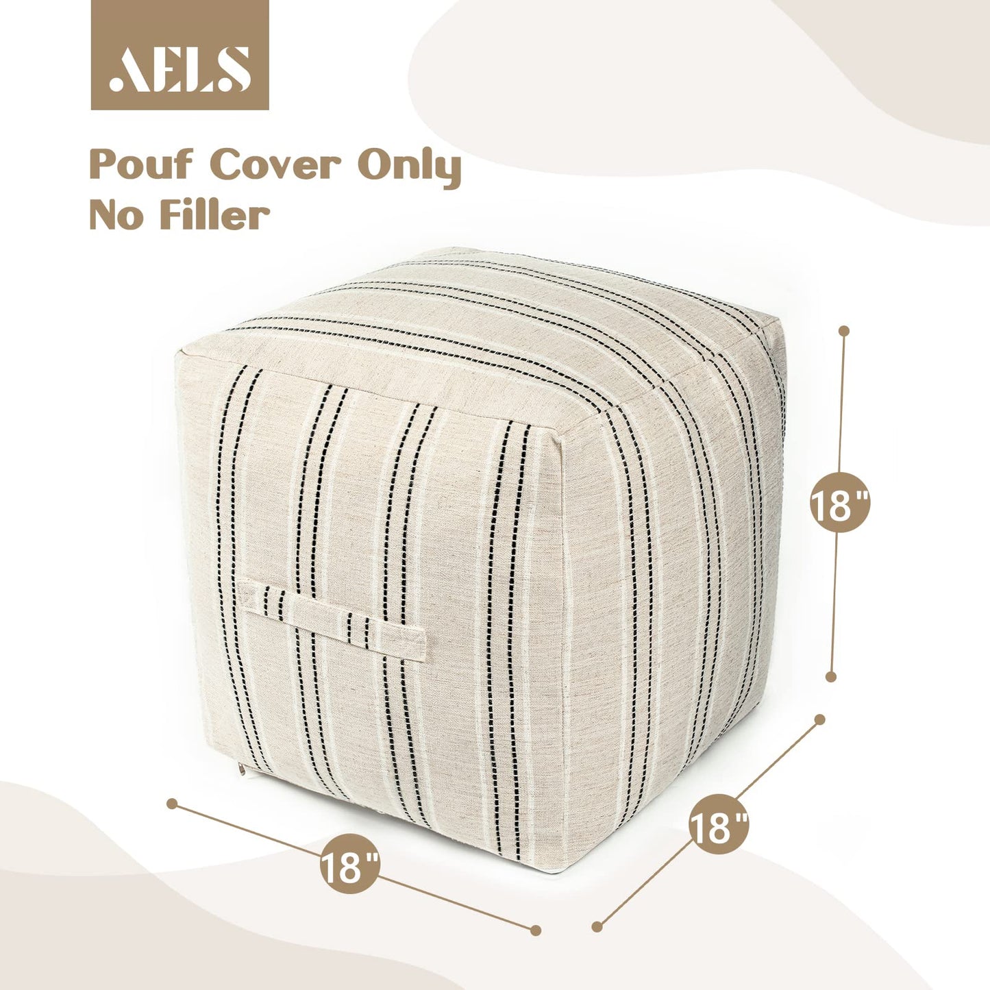AELS Unstuffed Farmhouse Pouf Cover for Living Room, Boho Storage Bean Bag Cubes, Beige with Black Stitch Yarn Dyed Stripe Square Ottoman Pouf Foot Rest Footstool, 18"x18"x18", Cover ONLY
