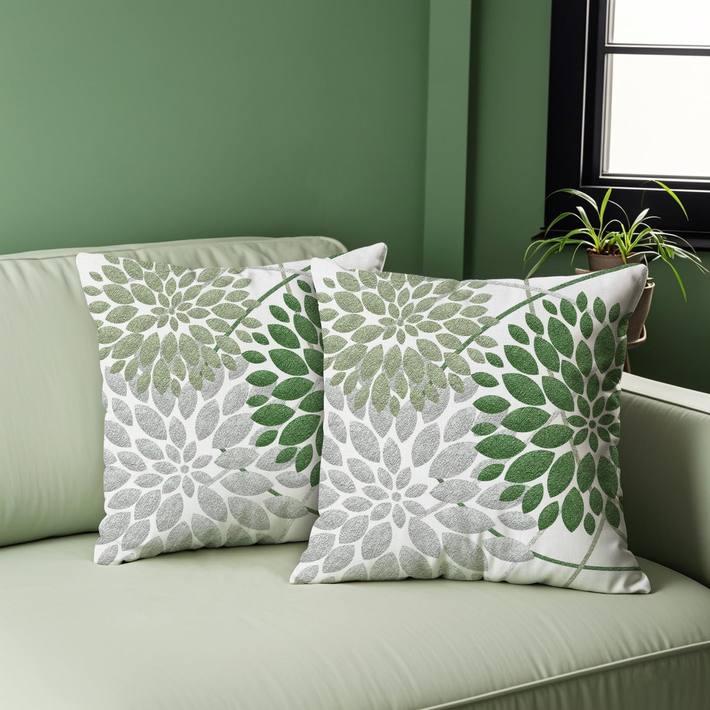 WitHero Decorative Throw Pillow Covers Set of 2, Double-Sided 18x18 inch White Linen Green Silver Grey Pillow Cases, Farmhouse Indoor Outdoor Modern Floral Dahlia Flowers Cushion Cover for Couch Sofa