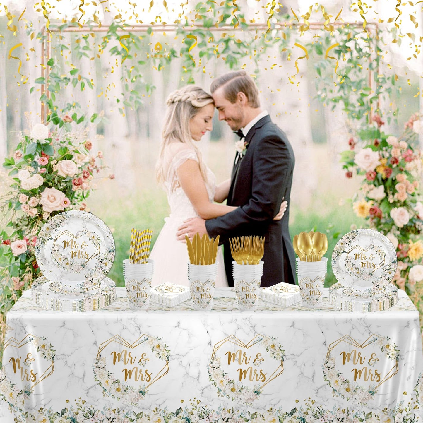 MEHOFOND 193 pcs White Wedding Party Decorations, Mr and Mrs Paper Plates Cup and Nakpins Set, Floral Wedding Disposable Dinnerware with Tablecloth, Bridal Shower Disposable Party Supplies, 24 Guests