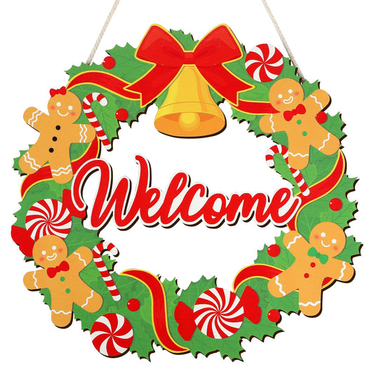 COCHIE Christmas Welcome Sign Door Decorations, Gingerbread Men Wood Wreath for Front Door Porch Window Wall Hanging Decor, Candy Cane Decoration for Party Home Indoor Outdoor (Xmas Gingerbread Men)