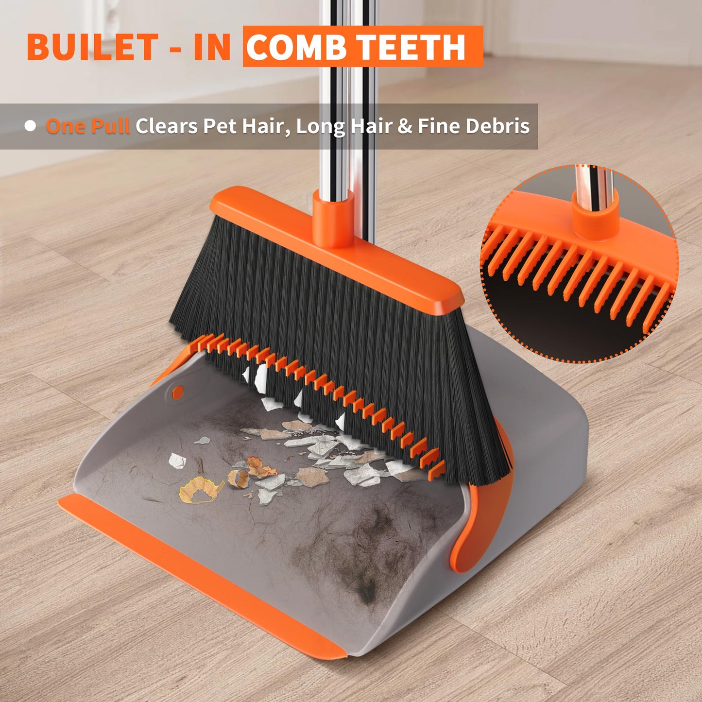 Upgraded Broom and Dustpan Set, 52" Long Handle Standing Combo with Self-Cleaning Teeth – Perfect for Pet Hair, Kitchen, Office, Home, Indoor & Outdoor Cleaning(Orange & Gray)