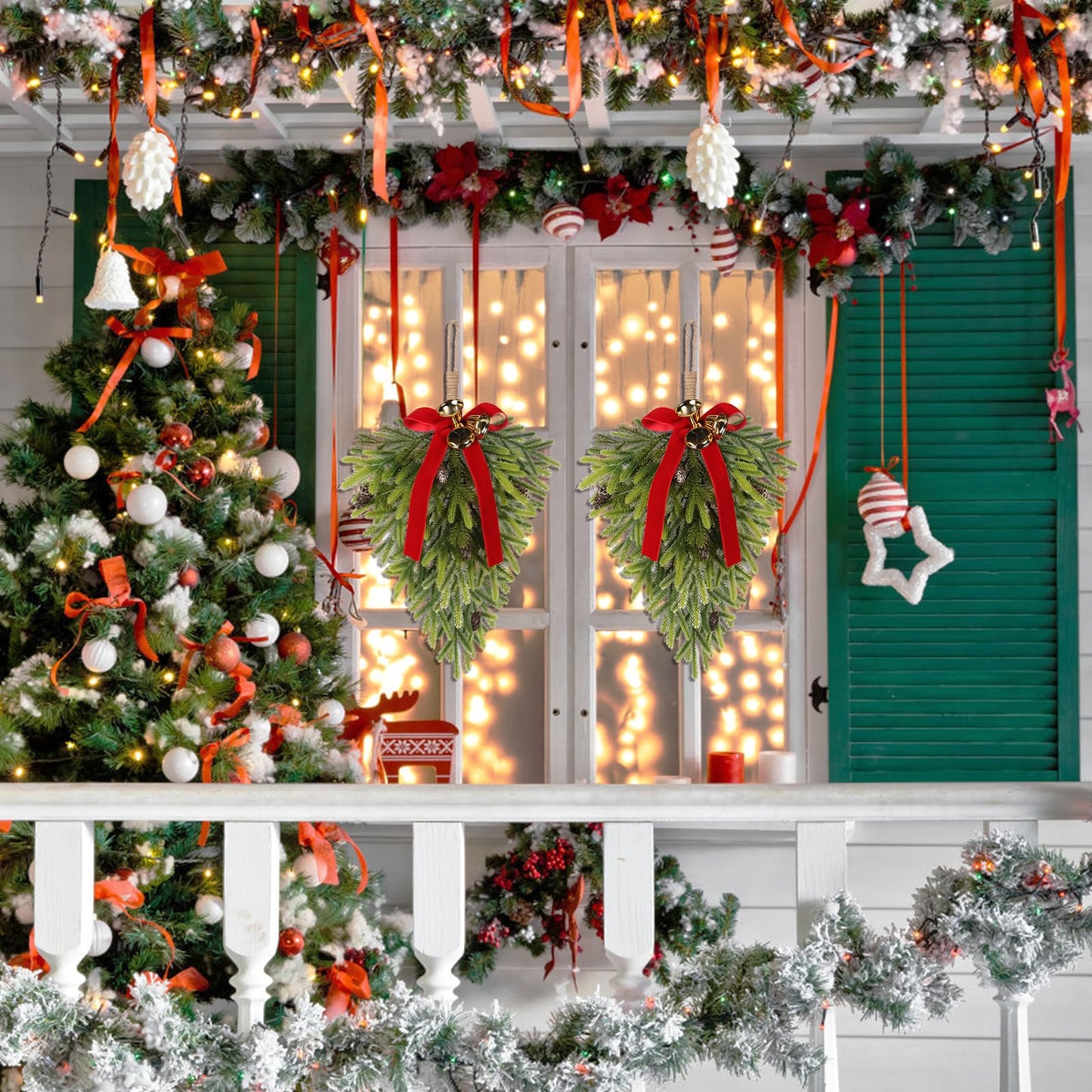 RoseCraft 2PCS Christmas Decorations, Artificial Front Door Christmas Wreaths, Hanging Bell Bow Decorations, for Fireplace Home Holiday Wall Party Xmas Decor.