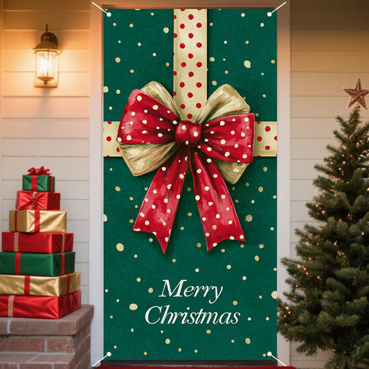 Nuxovilar Winter Christmas Door DecorCover, Polyester 35.43x70.87 Inches, Bow & Dots Pattern Door Covers Long Tail Keyword, Banner for Home, Store, Party Christmas Decorations