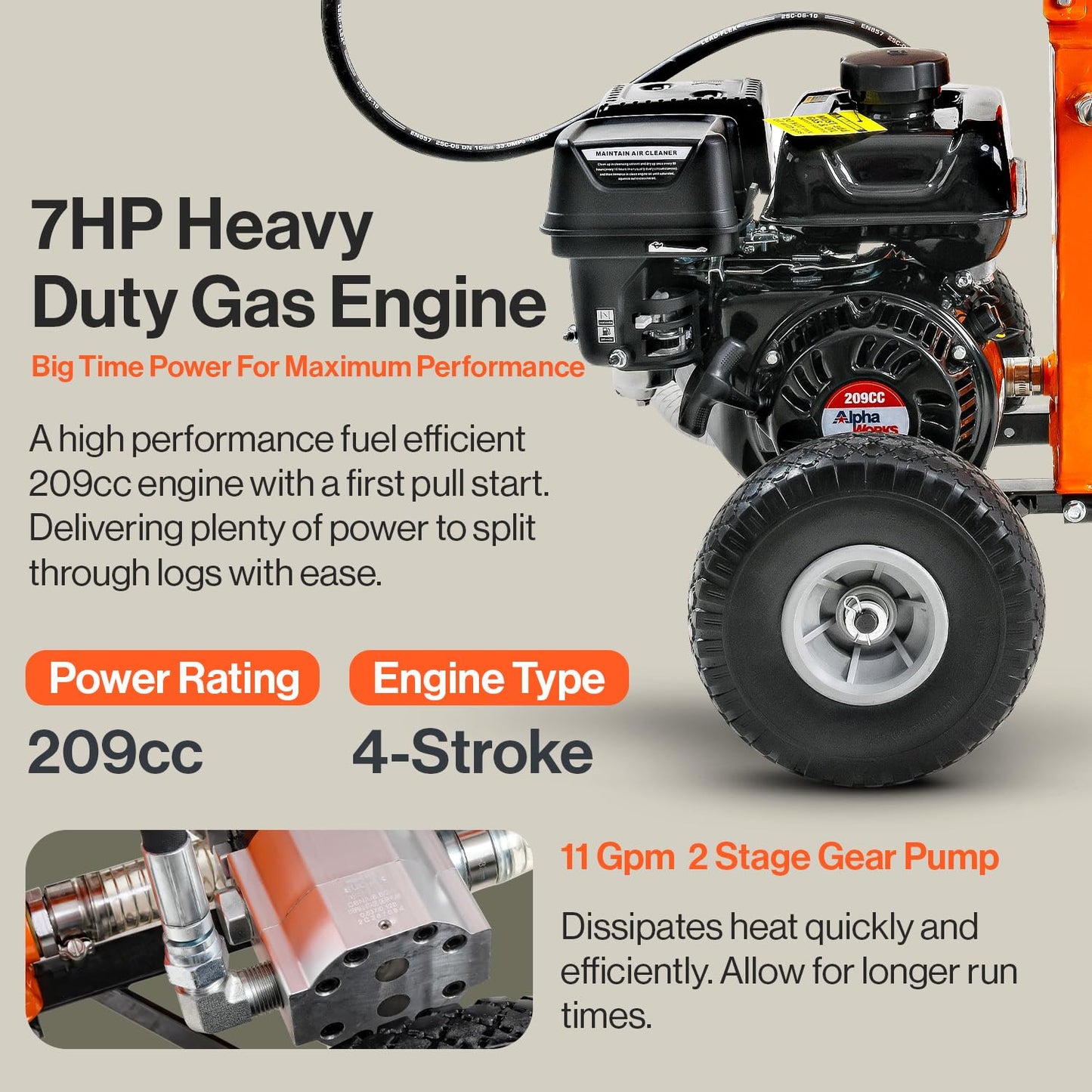 SuperHandy Portable 25 Ton Gas Log Splitter with 7HP Engine, Bucher Gear Pump, and Horizontal/Vertical Half Beam Steel Wedge for Firewood Splitting and Forestry Harvesting