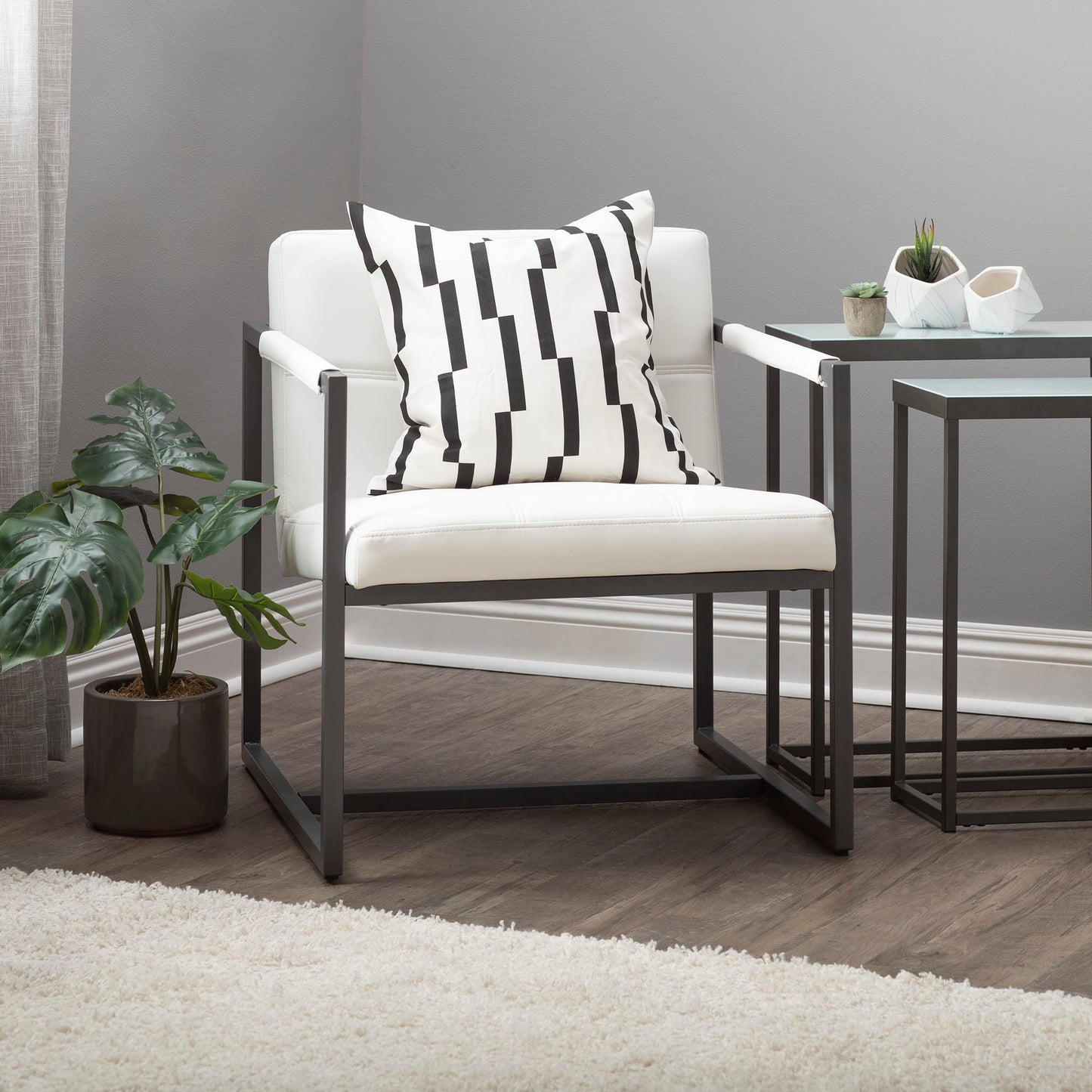 Studio Designs Home Modern Accent Chair Camber Mid-Century, Pewter Grey Metal Frame & White Bonded Leather