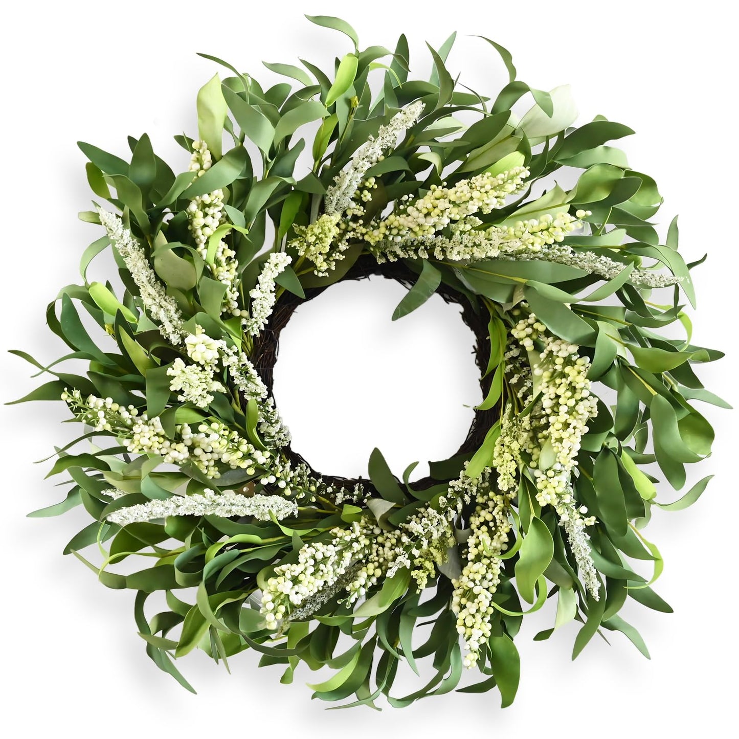 Greenery Spring Wreath for Front Door, 26 Inch Large Wreath with Artificial Eucalyptus Leaves and Cream Ear of Grain, All Season Spring Wreath for Wedding Rustic Modern Farmhouse Home Decor