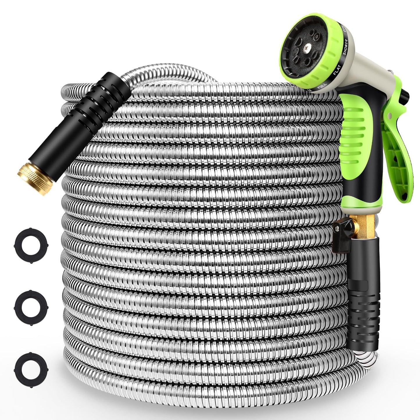 Metal Garden Hose 50FT Stainless Steel Heavy Duty Flexible Lightweight Water Hoses Pipe with 10-Function Spray Nozzle and 3/4" Solid Brass Fittings No Kink Durable for Outdoor Yard & Lawn