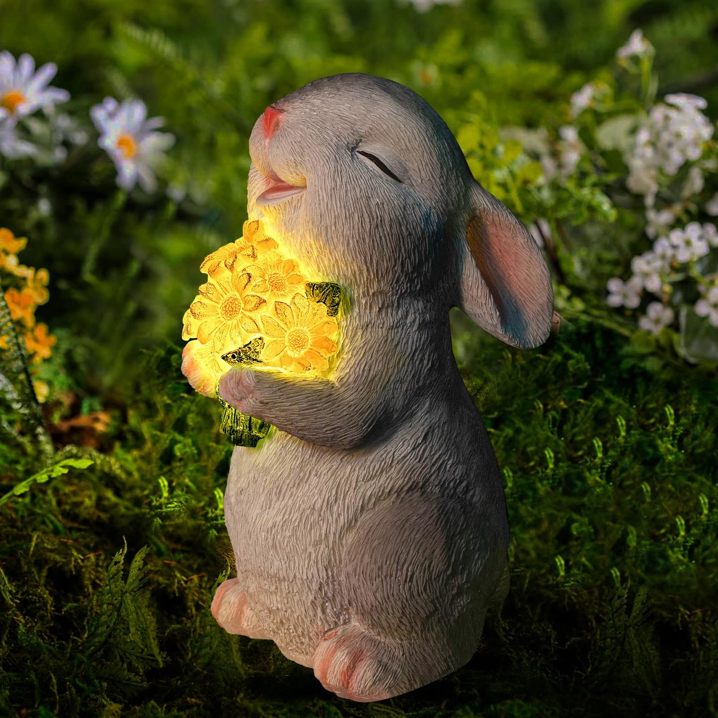 WONDHOME Solar Rabbit Garden Statues Outdoor Bunny Decor Resin Rabbit Figurine Holding Sunflower with LED Lights for Proch Patio Lawn Yard Mother's Day Christmas Birthday Gardening Gifts for Mom Women
