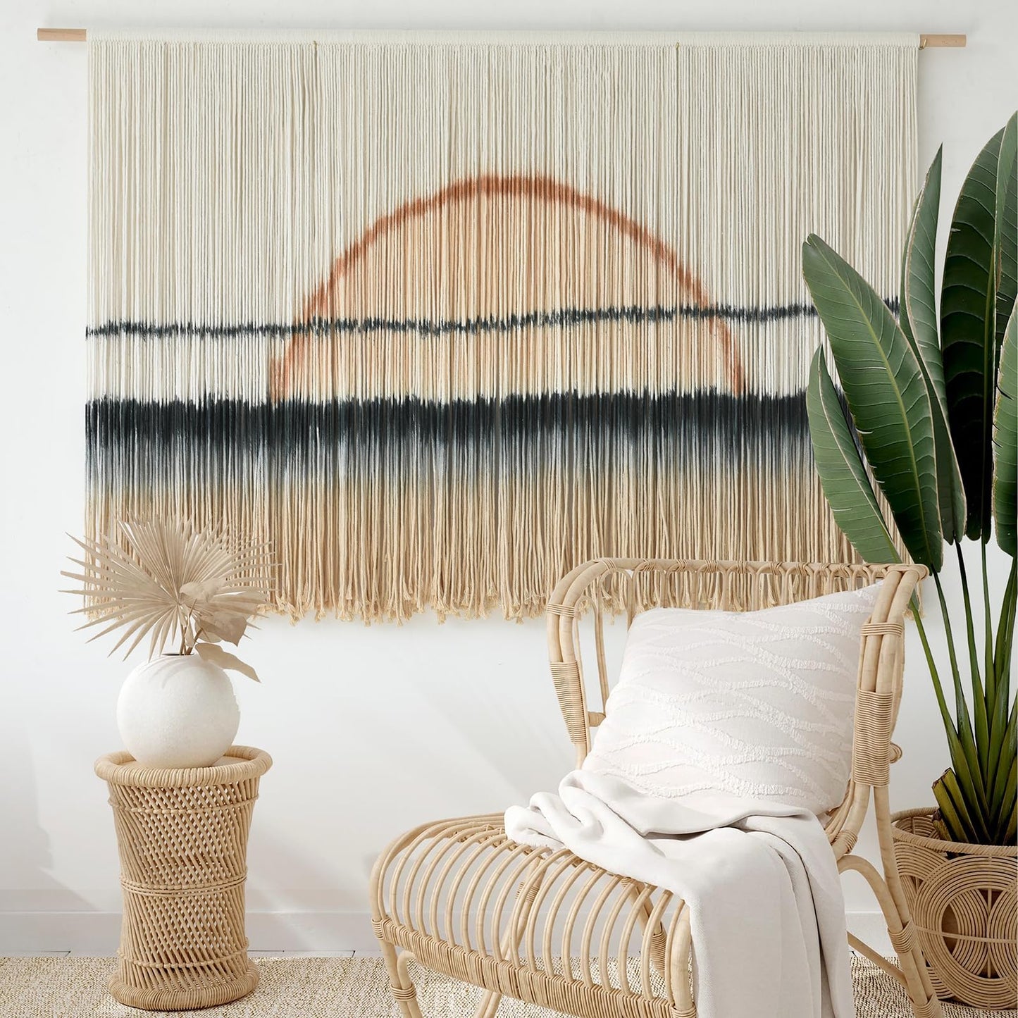 Jakalin Macrame Wall Hanging Large Sunset Dip Dye Boho Tapestry Handmade Woven Cotton Wall Art for Bedroom, Living Room, Above Bed Neutral Modern Minimalist Decor 57" Wx35 L