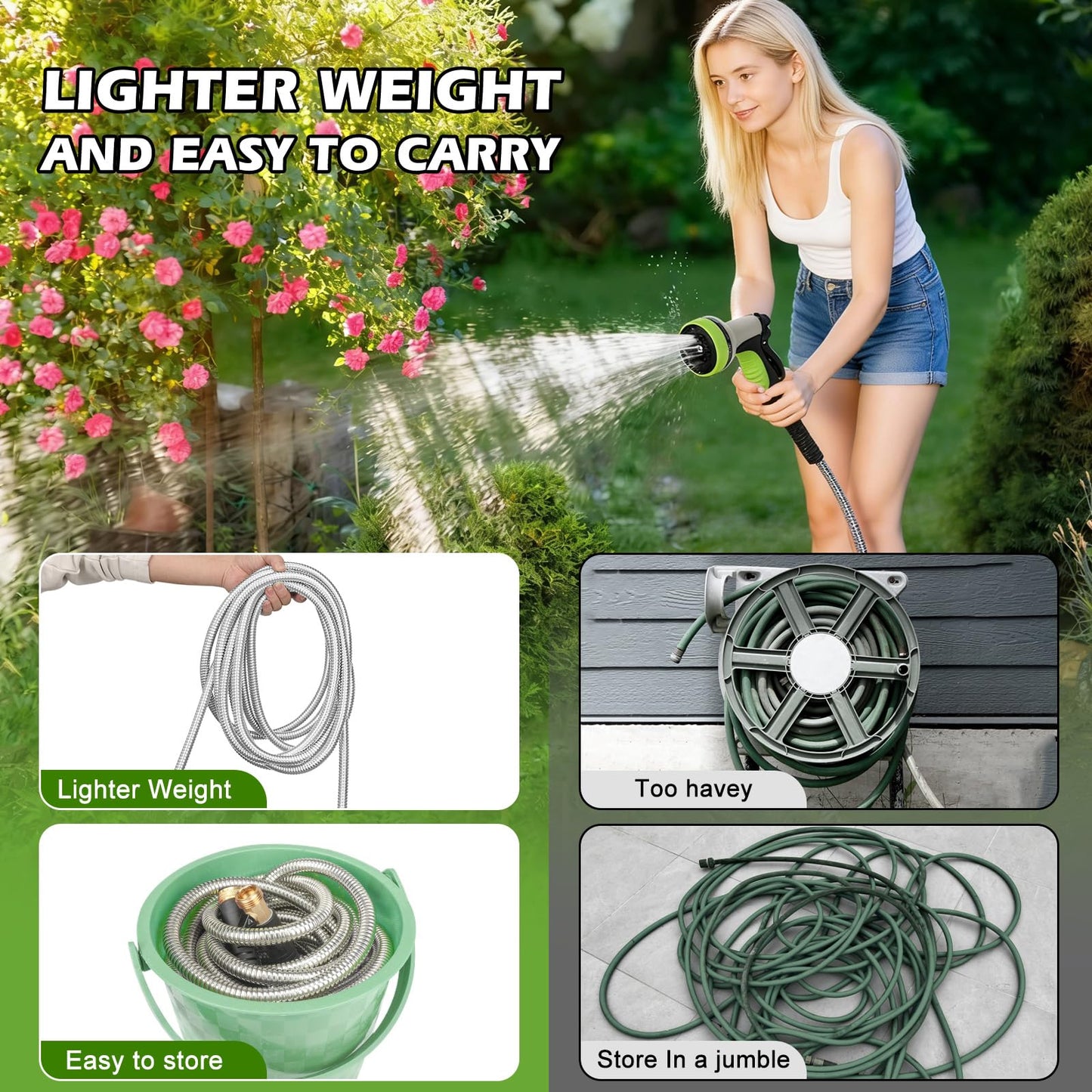 Togake Metal Garden Hose 75 ft Stainless Steel Heavy Duty Water Hose with 10 Function Nozzles Flexible Lightweight Kink-Free Leakproof Sturdy Hoses Pipe 3/4" Brass Fitting for Outdoor Yard Lawn RV