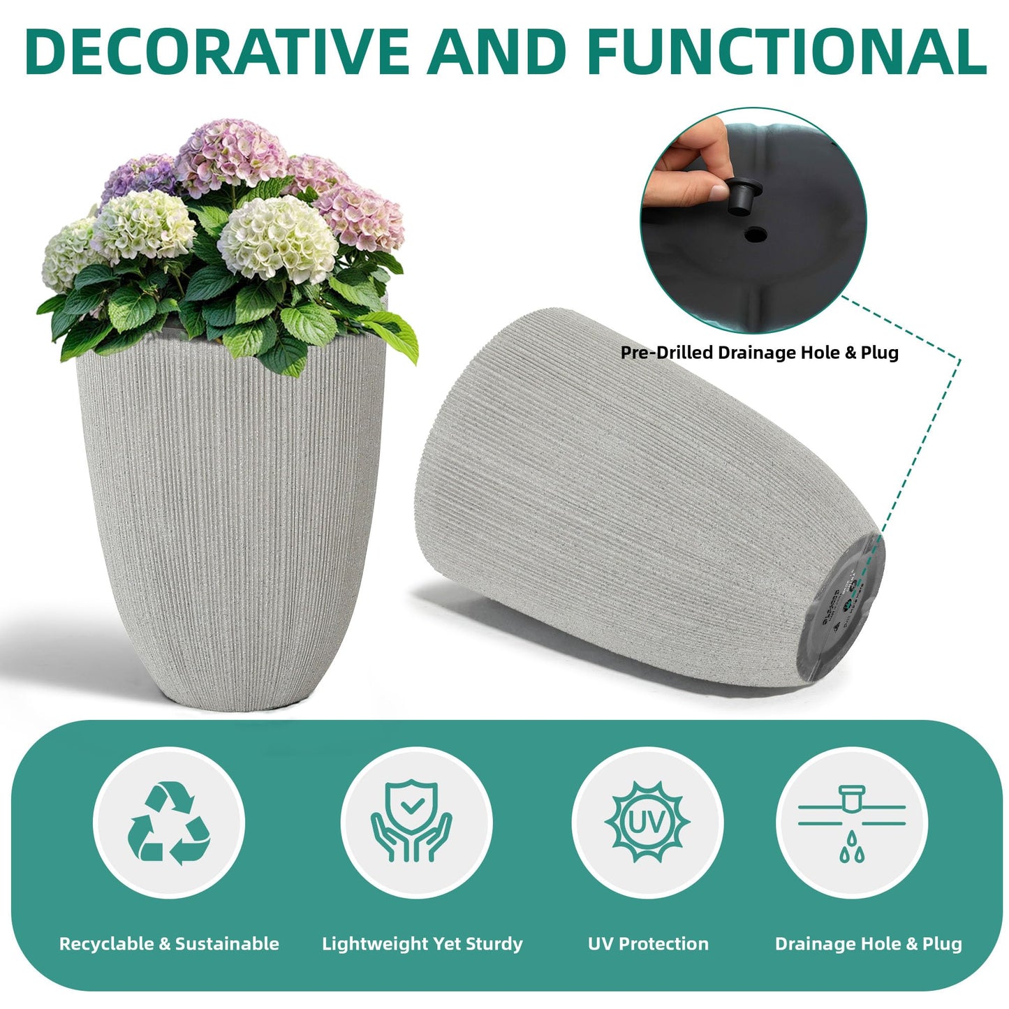 Ultym 19" Tall Planter for Indoor Outdoor Plants, Set of 2 Large Flower Pot with Drainage Hole, Weather/UV-Resistant Resin Planters for Garden Patio Porch Home office Decor, Mediterranean Beige Fluted