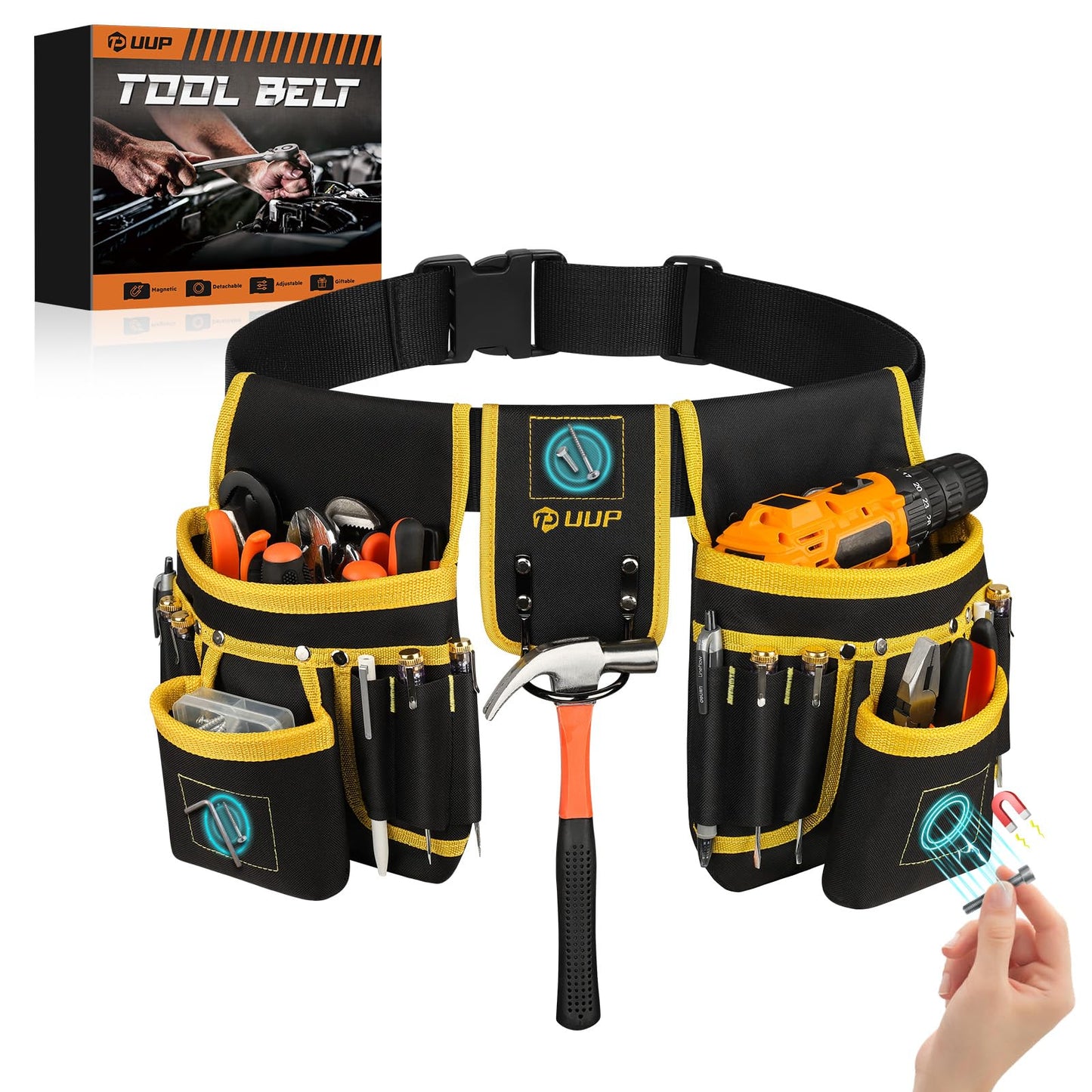Magnetic Tool Belt for Men, 26 Pockets Heavy Duty Tool Pouch, Magnet Holster Nail Utility Toolbelt Detachable Adjustable Waist Holder for Handyman Contractor Mechanic Plumber Roofer Carpentry Dad Gift