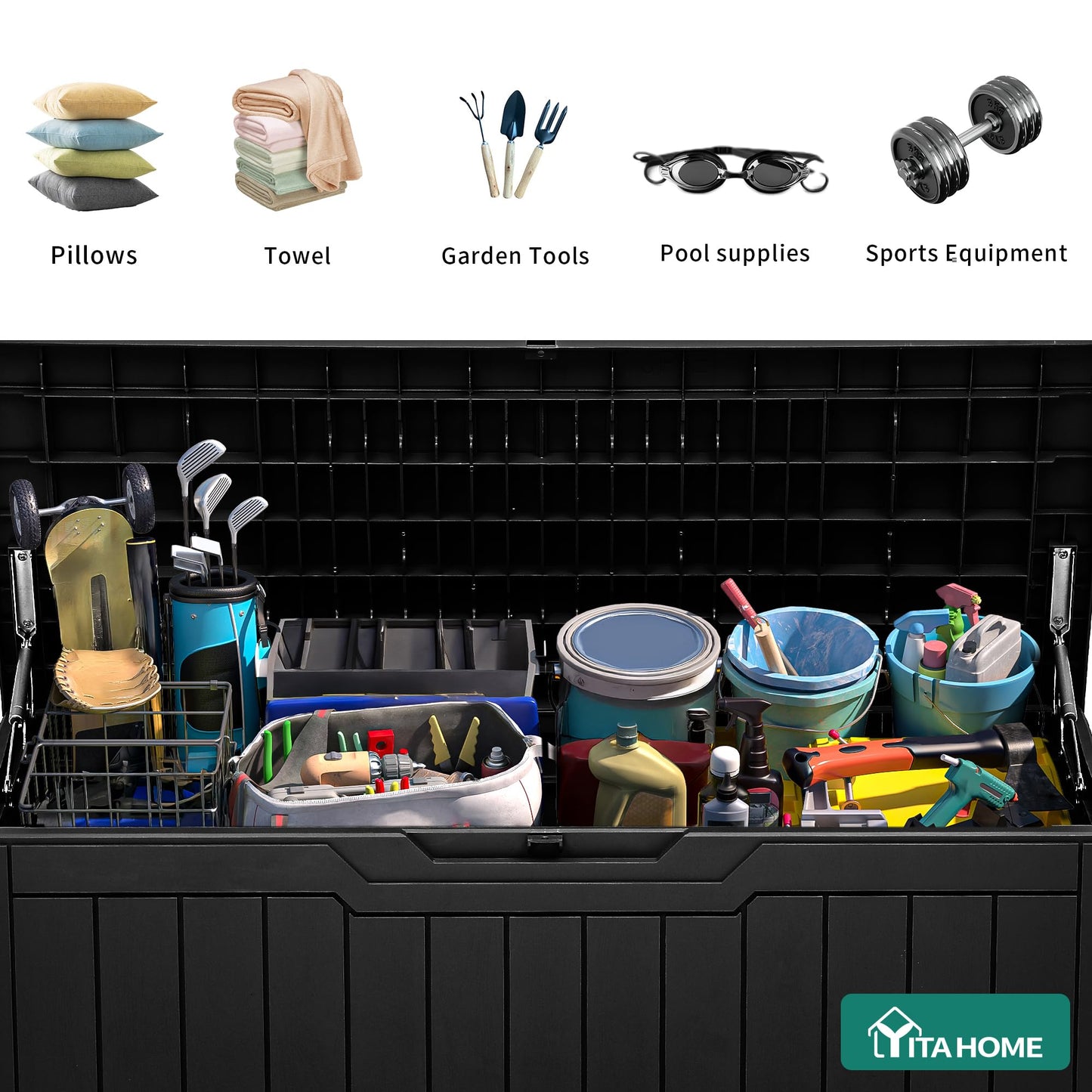 YITAHOME 80 Gallon Resin Deck Box, Weather Resistant Outdoor Storage Box, Lockable Indoor Outdoor Storage for Supplies and Essentials, Black