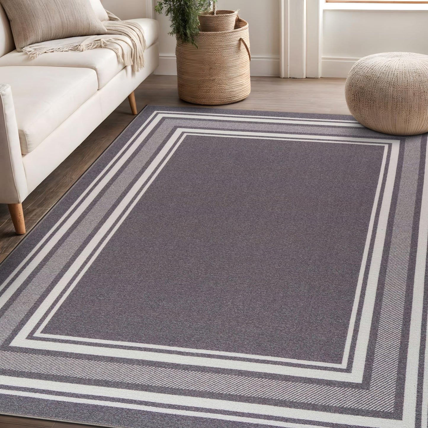 Beverly Rug Non Slip Area Rugs 5x7 Modern Bordered Non Skid Rubber Backing Soft Area Rug for Living Dining Room Easy to Clean Non Shedding Kitchen Bedroom Indoor Carpet 5 x 7 Gray