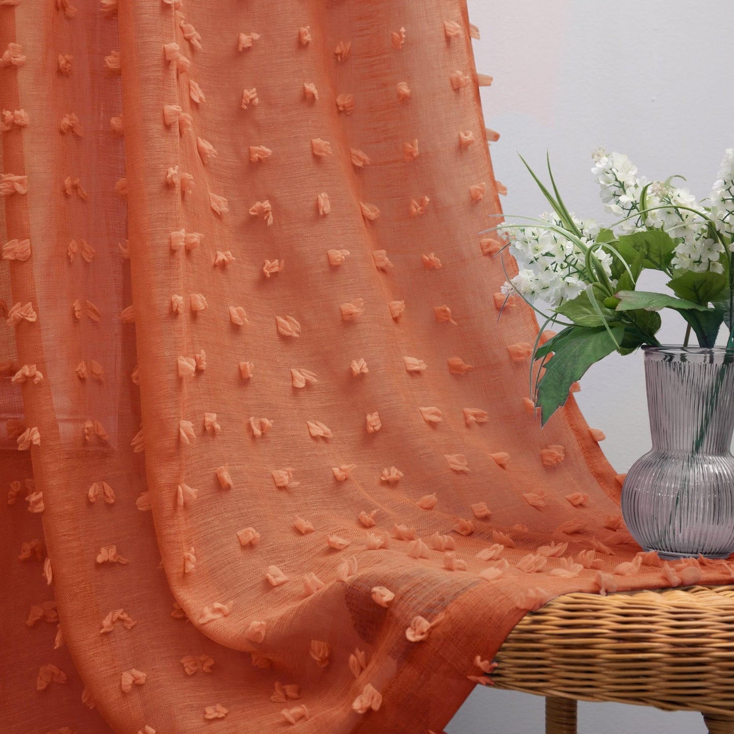KOUFALL Boho Sheer Orange Curtains 2 Panels 96 Inches Long for Bedroom Pom Pom Back Tab Floor Length Bohemian Curtain for Living Room Burnt Rust Orange