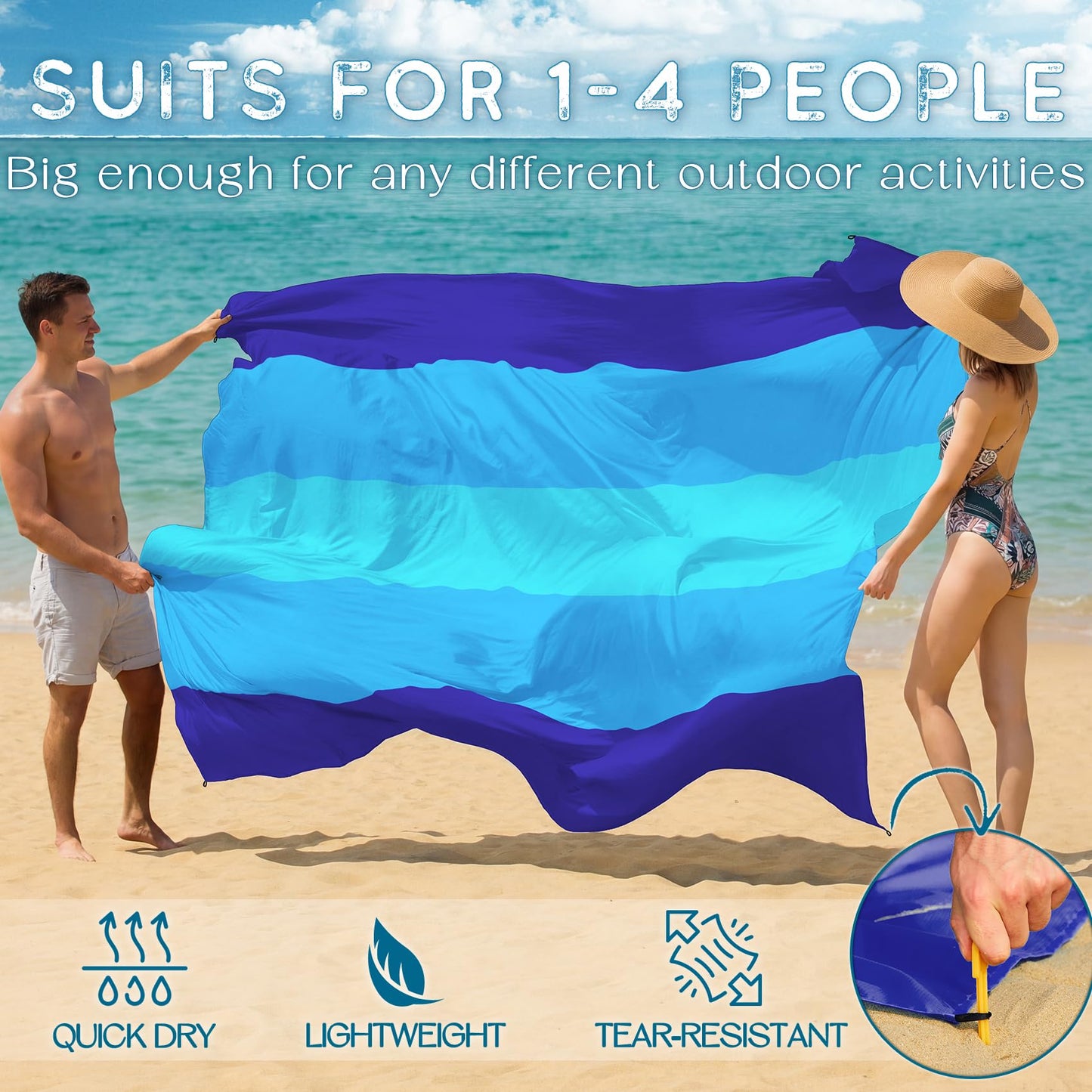 BYDOLL Beach Blanket 78''×81'' 4-7 Adults Oversized Lightweight Waterproof Sandproof Beach Blanket Large Picnic Mat for Travel Camping Hiking Picnic(78" X 81", Blue-Mixed)
