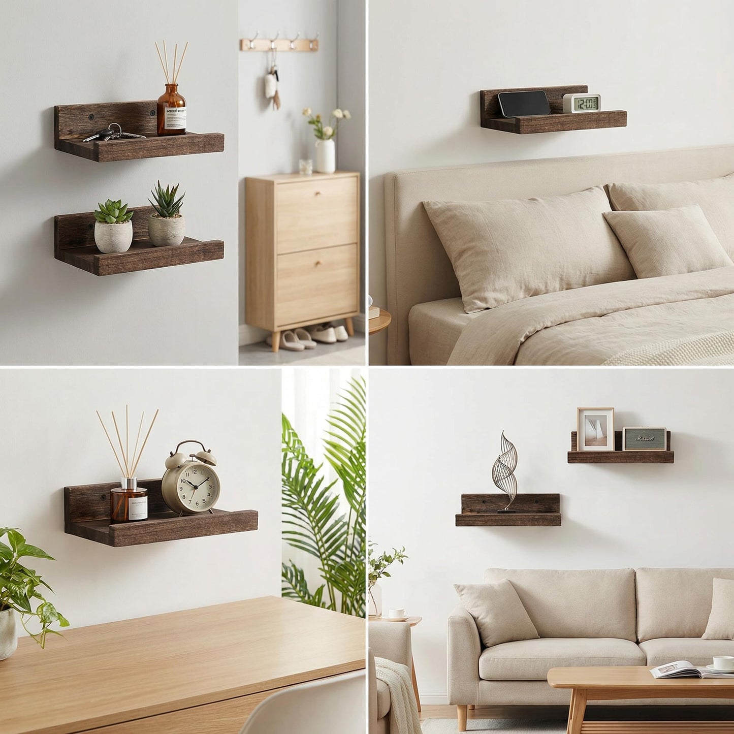 Z metnal Mini Floating Shelves, Small Natural Wooden Display Wall Shelf for Picture Ledge, Pawlownia, Wall Mounted, 8 x 5.5inch, 2 Pack