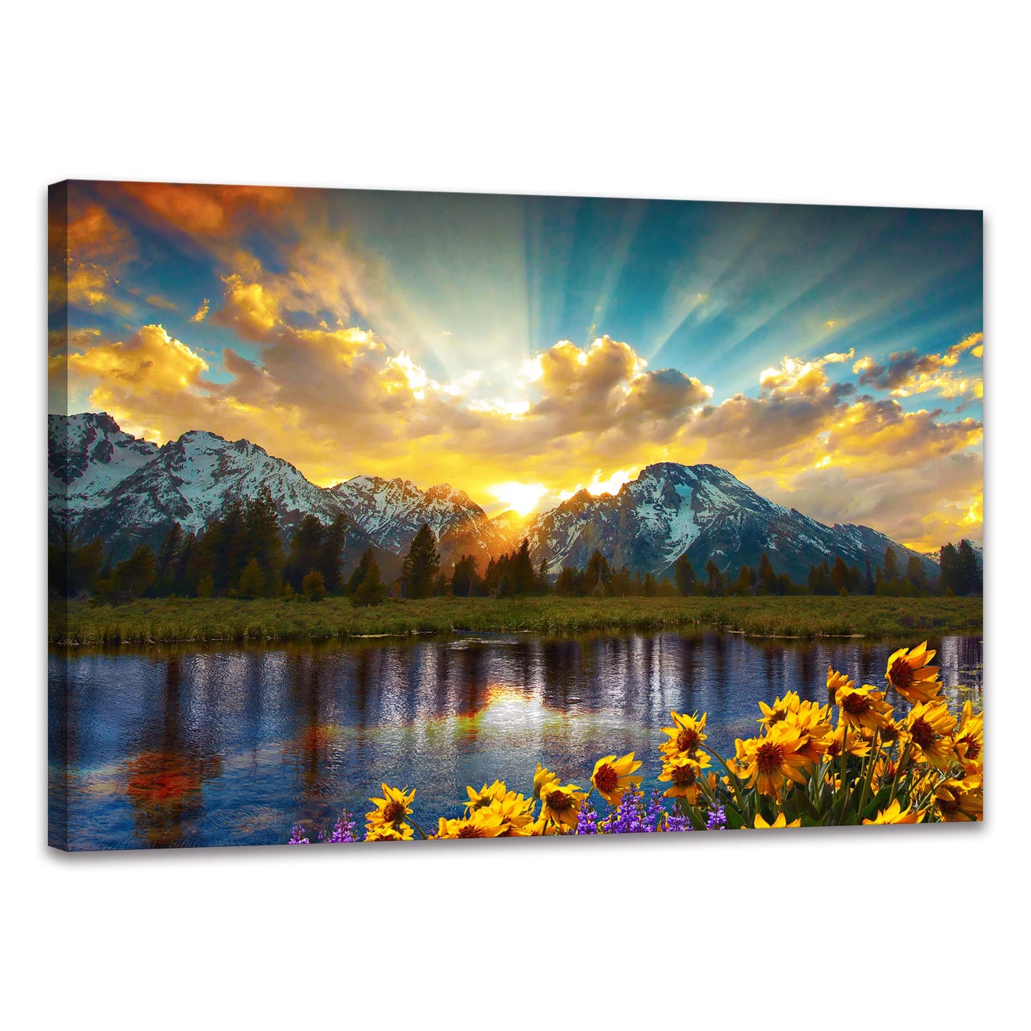 SKASNFAI Grand Teton National Park Wall Art Sunflower Landscape Canvas Mountain Artwork Landscape Print for Living Room Framed (24x36 inch)