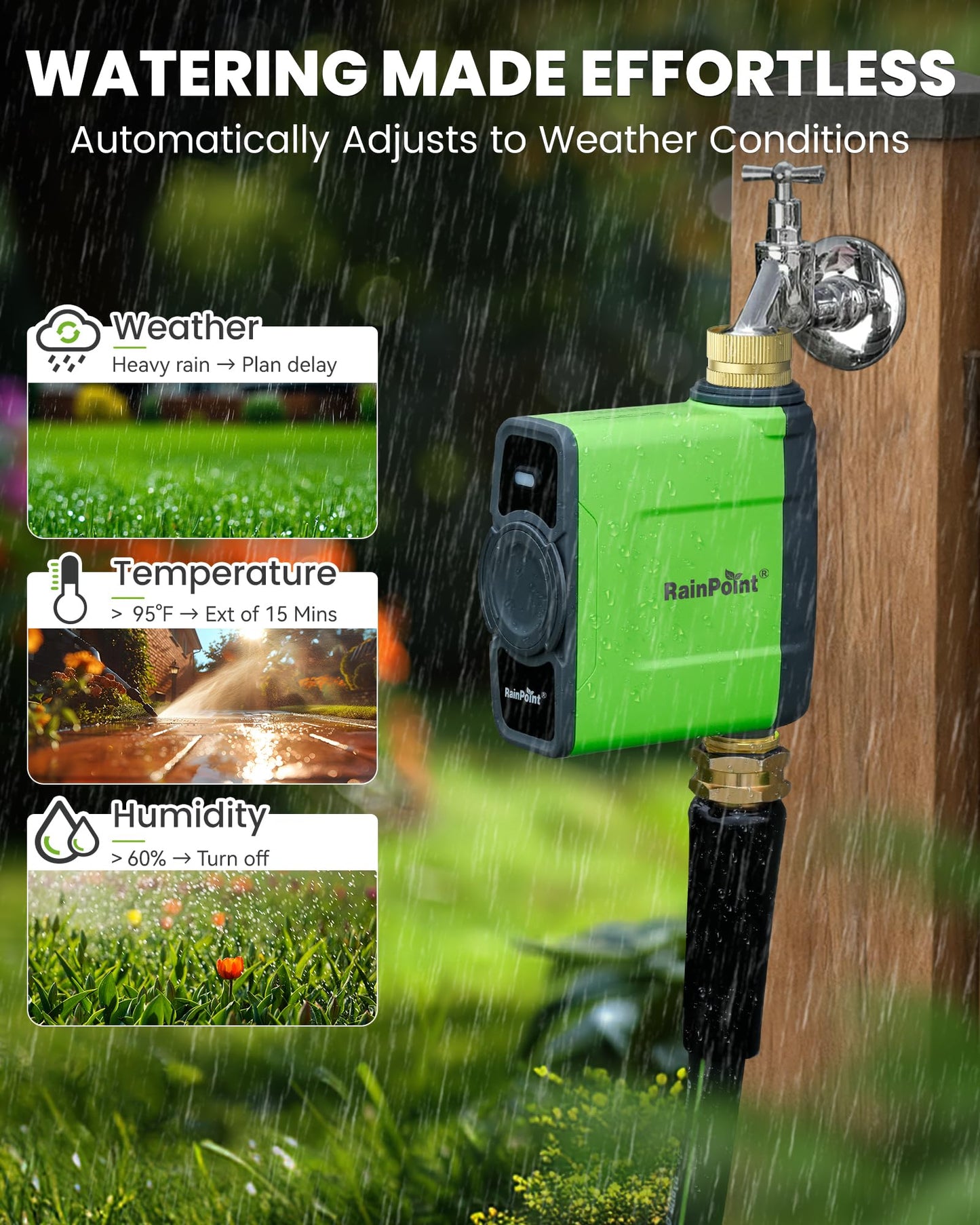 RAINPOINT WiFi Water Timer for Garden Hose, WiFi Sprinkler Controller, Smart Hose Timer Valve, Automatic Drip Irrigation System/Rain Delay for Garden/Lawn/Yard (Brass Inlet & Outlet, WiFi Gateway)
