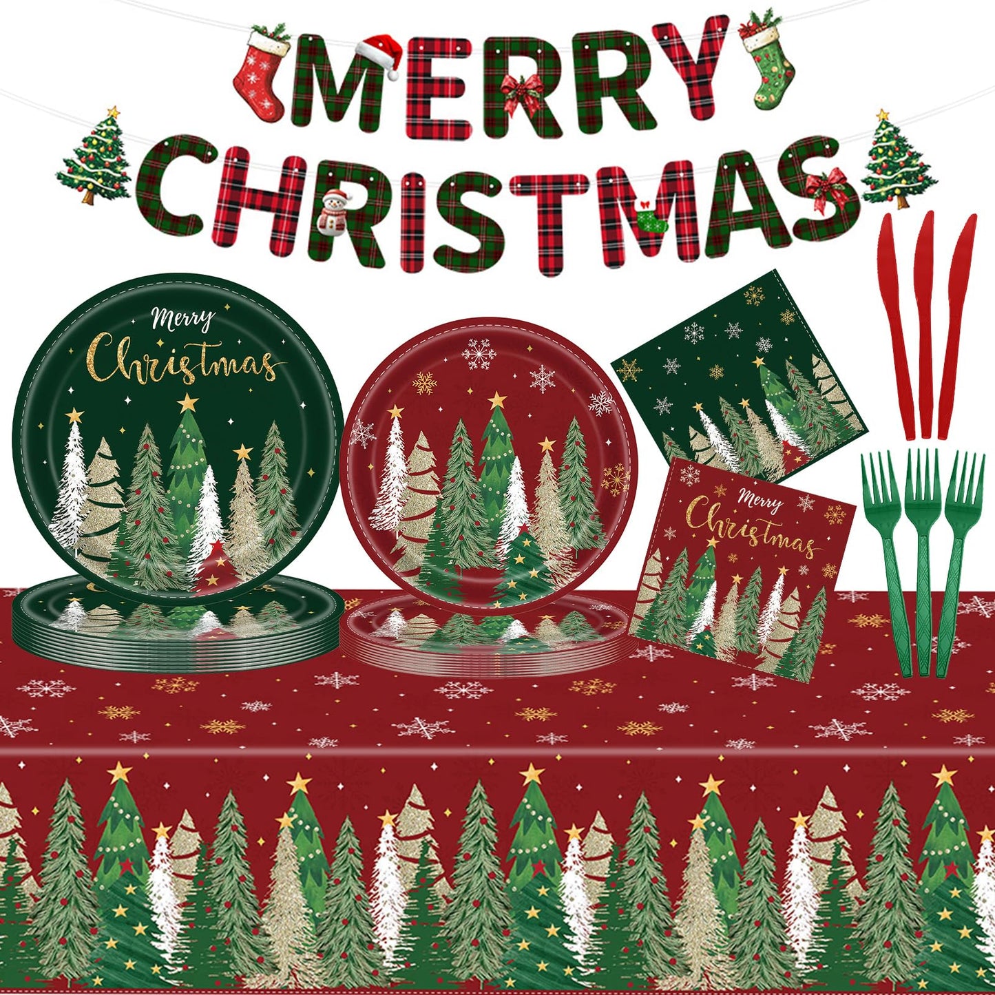 102 Pcs Christmas Tree Paper Plates and Napkins Party Decorations Merry Christmas Banner Disposable Tablecloth Dinnerware Set Red and Green Xmas Tree Party Supplies Winter Snowflake Holiday Ornament