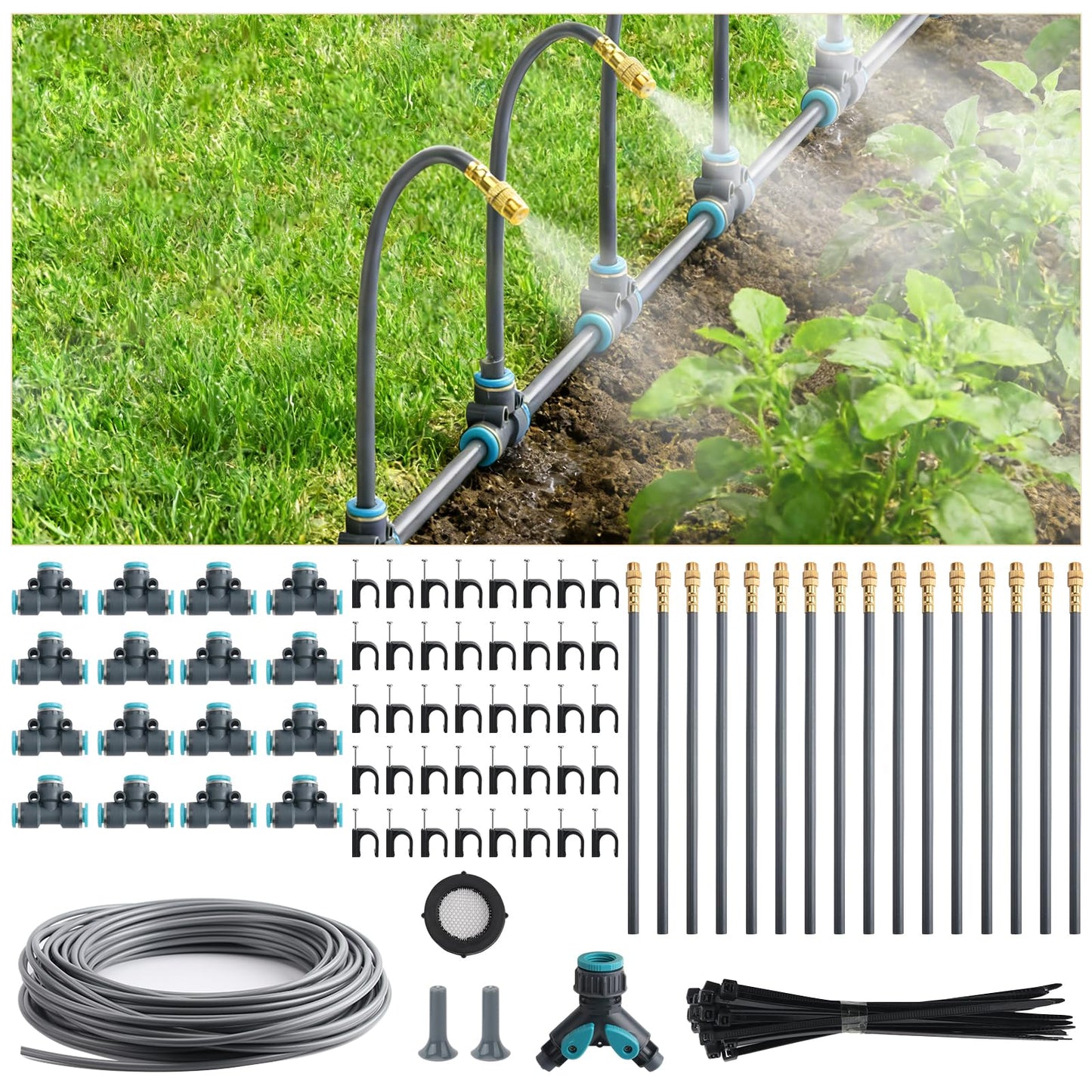 98FT 1/4" Quick-Connect Drip Irrigation System Kit, Automatic Garden Watering System with 16 Pcs Adjustable Spray Nozzles for Garden, Greenhouse, Yard, Lawn