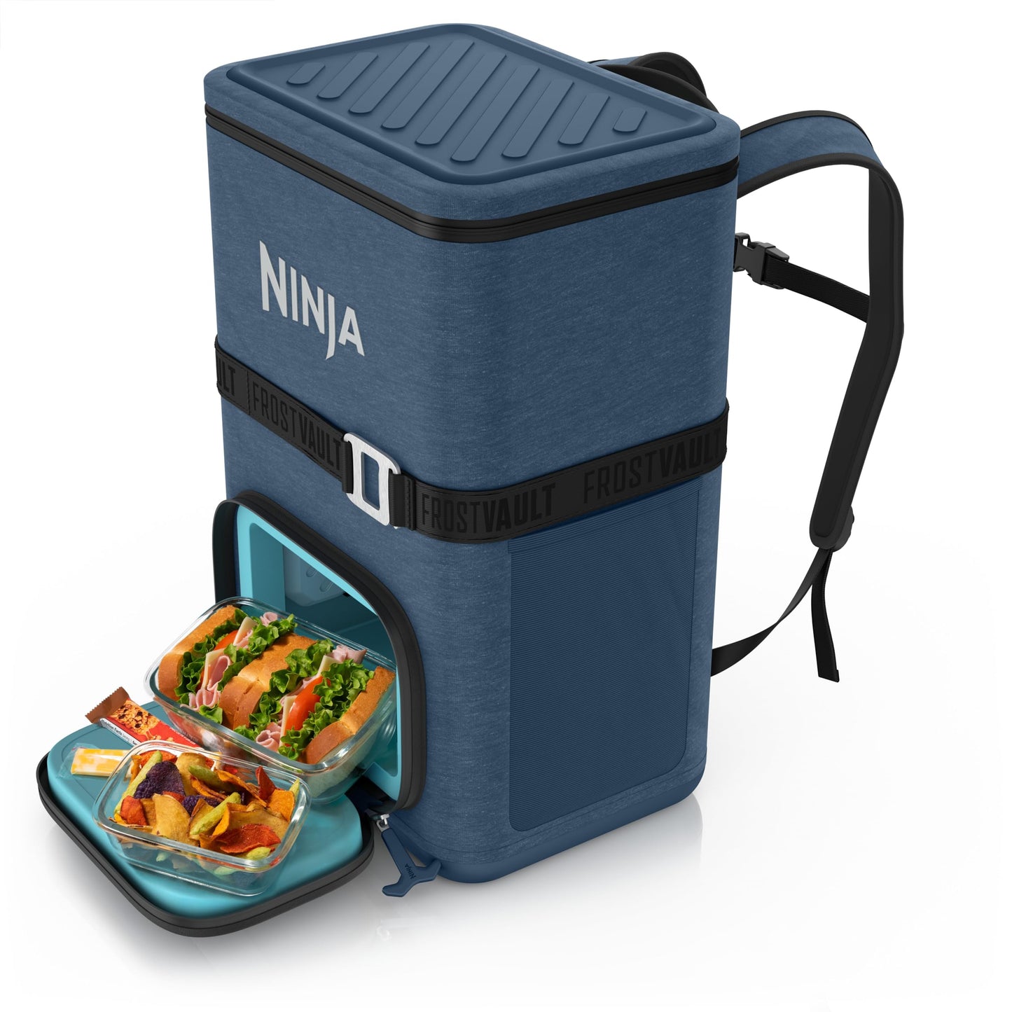 Ninja | Backpack Cooler | FrostVault Go 36 Can Soft Cooler | Leakproof Zipper with Built in Can Opener, 2 Ice Packs & Dry Storage Drawer | for Hiking, Camping & More | Lakeshore Blue | FF136NV