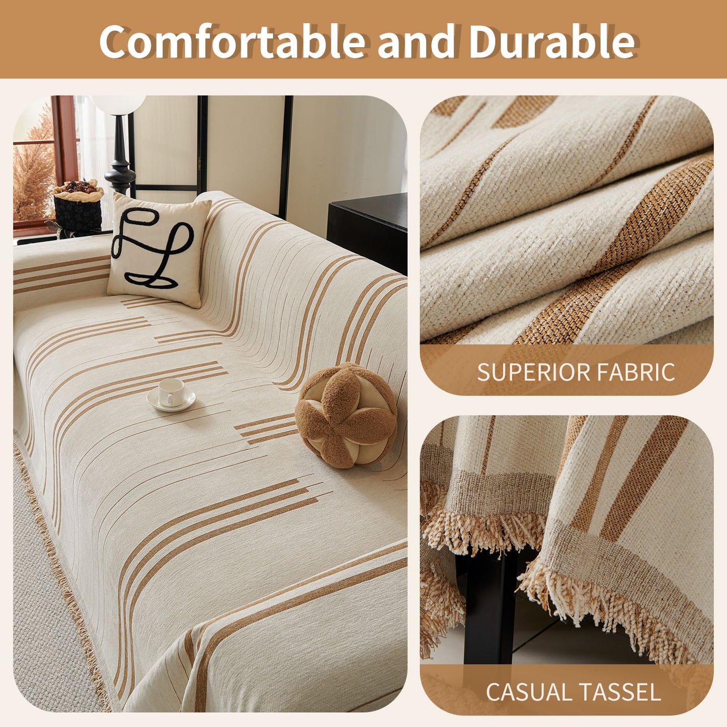Akpgq Boho Couch Covers for Sofa Washable Sofa Covers for 3 Cushion Couch Soft Non Slip Couch Covers for Sectional Sofa Dog Pet Furniture Protector (Shallow Coffee, 71"*118")